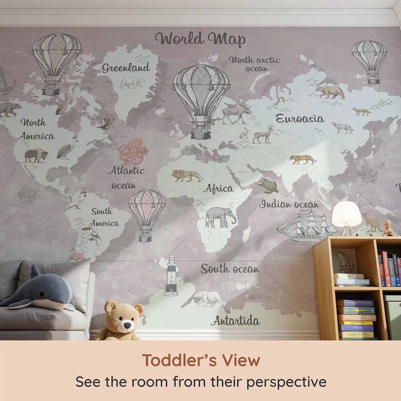 Whimsy Tots Vintage Explorer World Map Wall Mural in Pink (Turn Their Room into a Classic, Old-World Adventure) from your child's view.Gender-Neutral