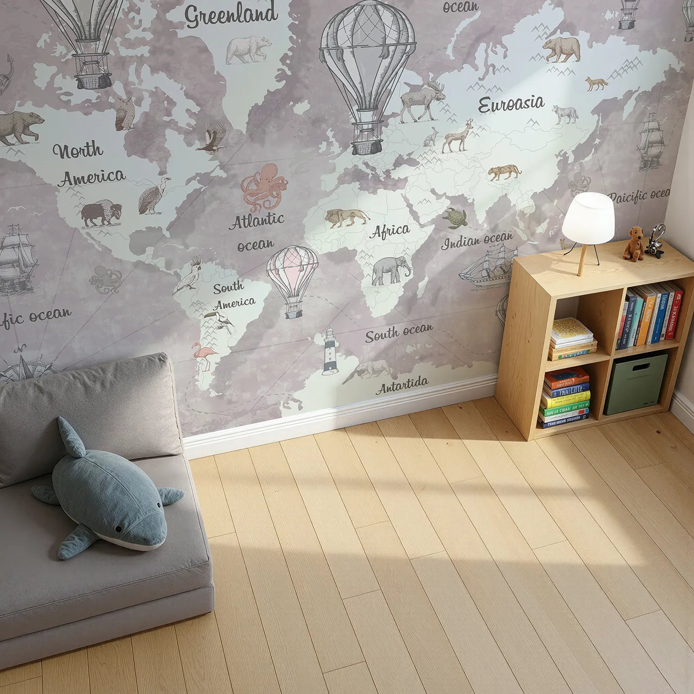Top-down view of Whimsy Tots' Vintage Explorer World Map Wall Mural in Pink (Turn Their Room into a Classic, Old-World Adventure).Gender-Neutral