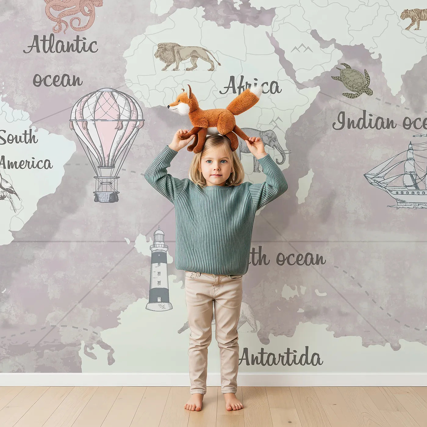 Child in front of Whimsy Tots Vintage Explorer World Map Wall Mural in Pink with map, world, vintage, animal, travel, educational, ship, pink in design.