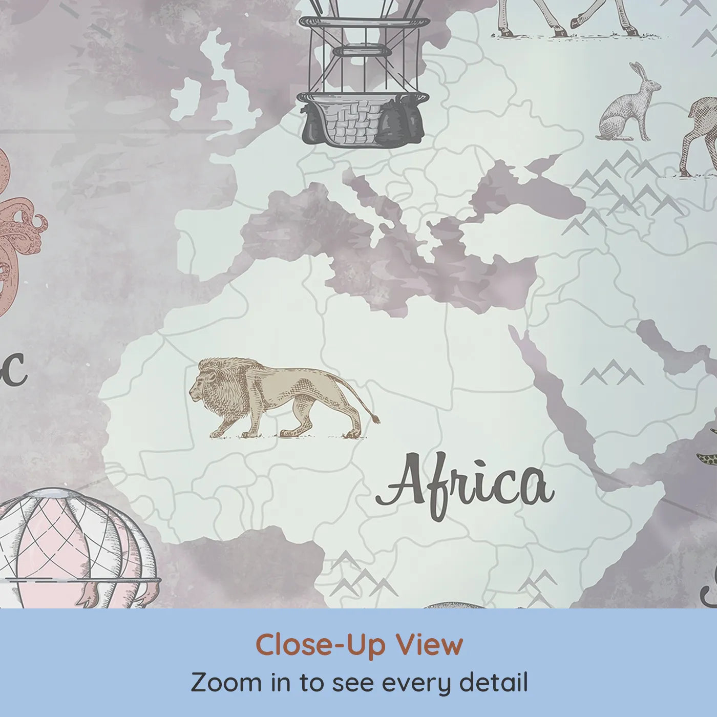 Close-up view of Whimsy Tots' Vintage Explorer World Map Wall Mural in Pink (Turn Their Room into a Classic, Old-World Adventure).Gender-Neutral