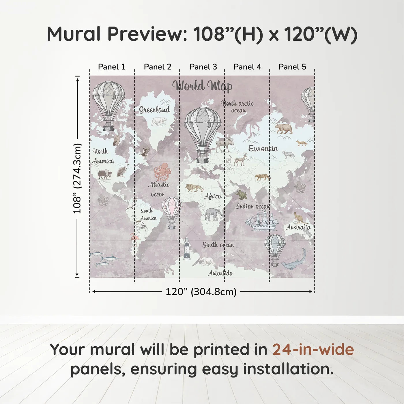 Whimsy Tots Vintage Explorer World Map Wall Mural in Pinkdimension view (108" H x 120" W). Printed in five 24-inch-wide panels. Gender-Neutral