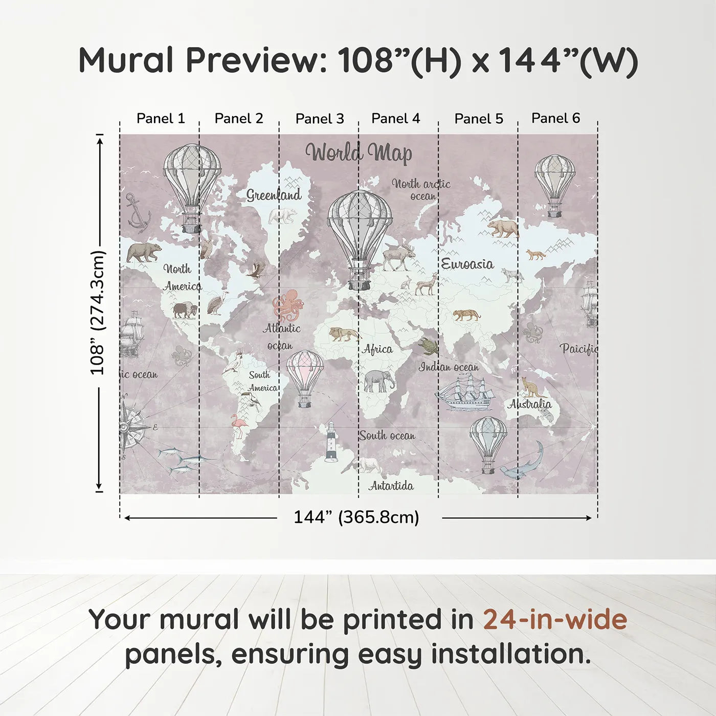 Whimsy Tots Vintage Explorer World Map Wall Mural in Pinkdimension view (108" H x 144" W). Printed in six 24-inch-wide panels. Gender-Neutral