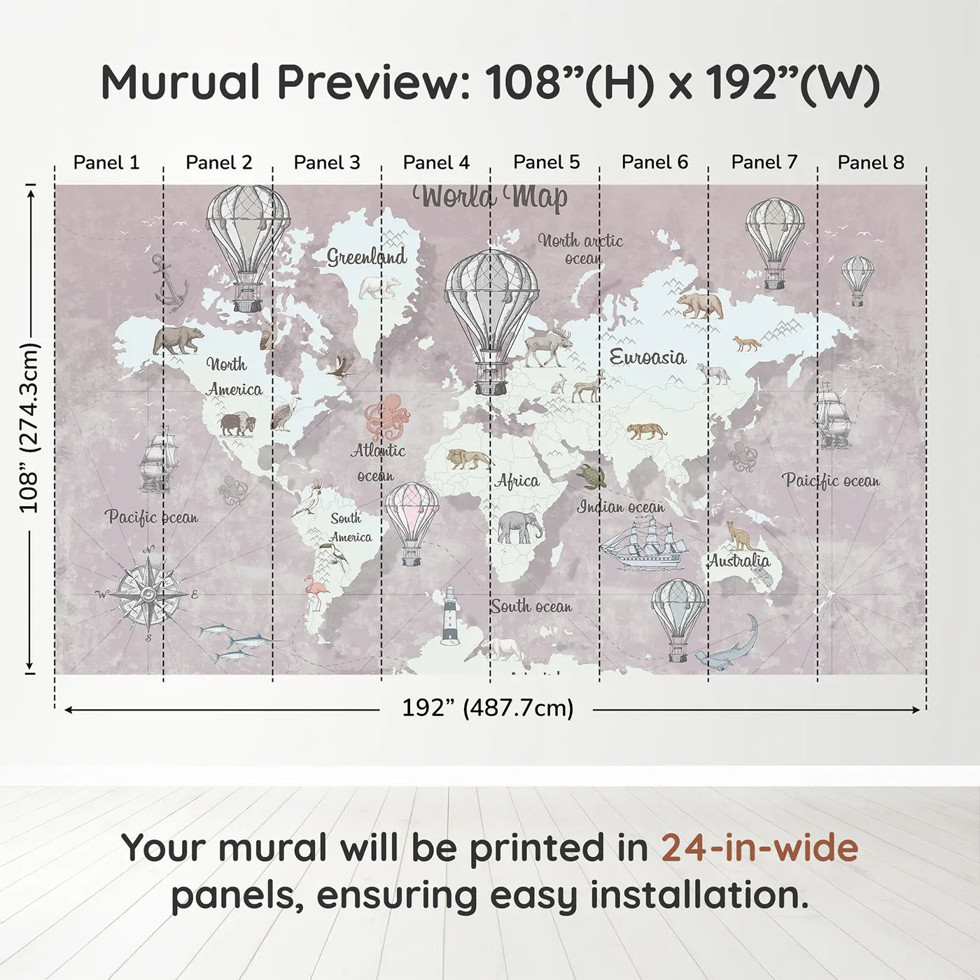 Whimsy Tots Vintage Explorer World Map Wall Mural in Pinkdimension view (108" H x 192" W). Printed in eight 24-inch-wide panels. Gender-Neutral