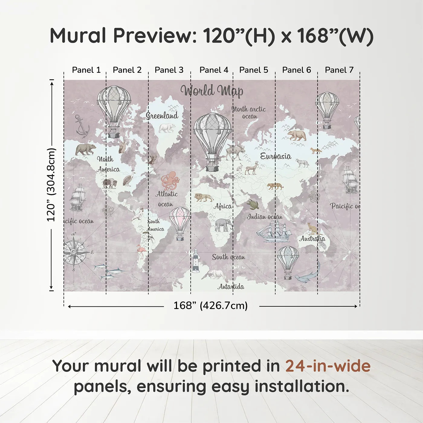 Whimsy Tots Vintage Explorer World Map Wall Mural in Pinkdimension view (120" H x 168" W). Printed in seven 24-inch-wide panels. Gender-Neutral
