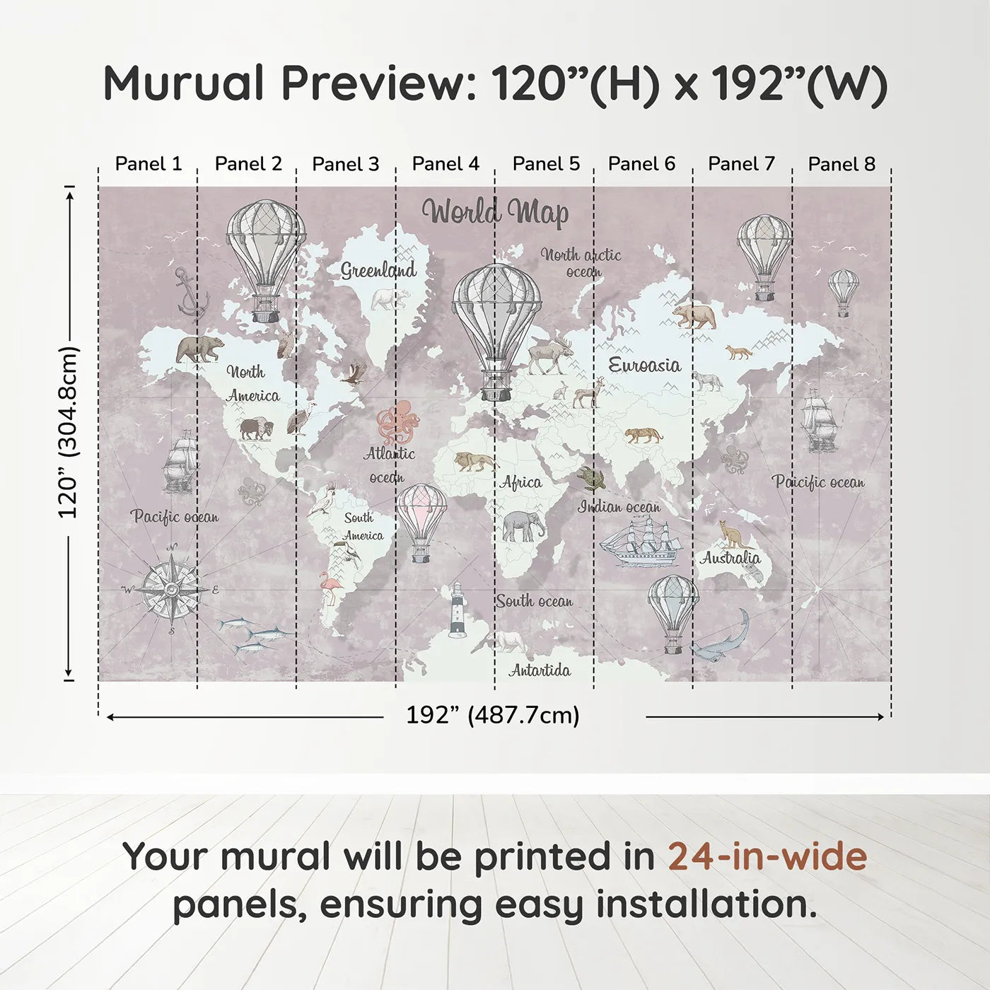 Whimsy Tots Vintage Explorer World Map Wall Mural in Pinkdimension view (120" H x 192" W). Printed in eight 24-inch-wide panels. Gender-Neutral