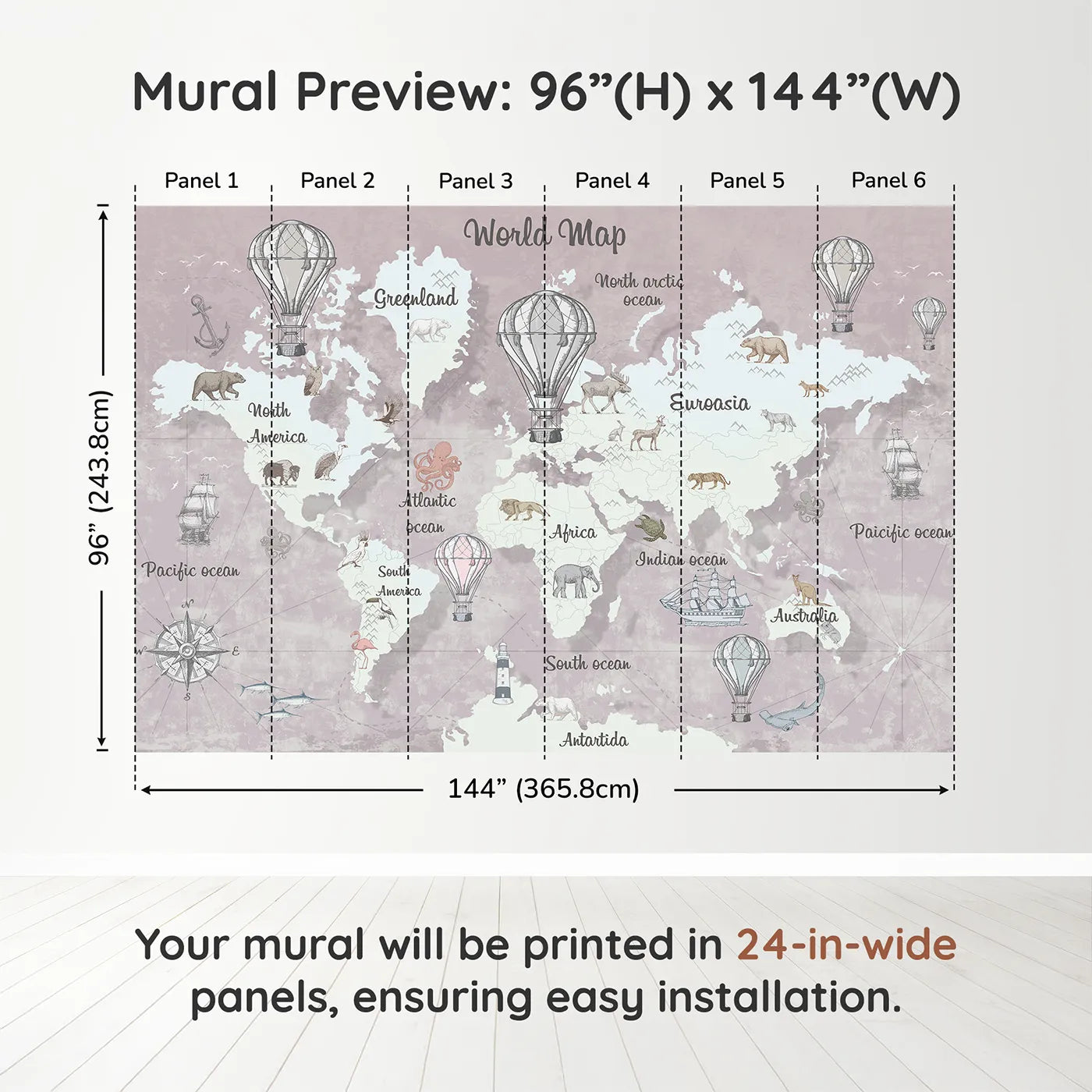 Whimsy Tots Vintage Explorer World Map Wall Mural in Pinkdimension view (96" H x 144" W). Printed in six 24-inch-wide panels. Gender-Neutral