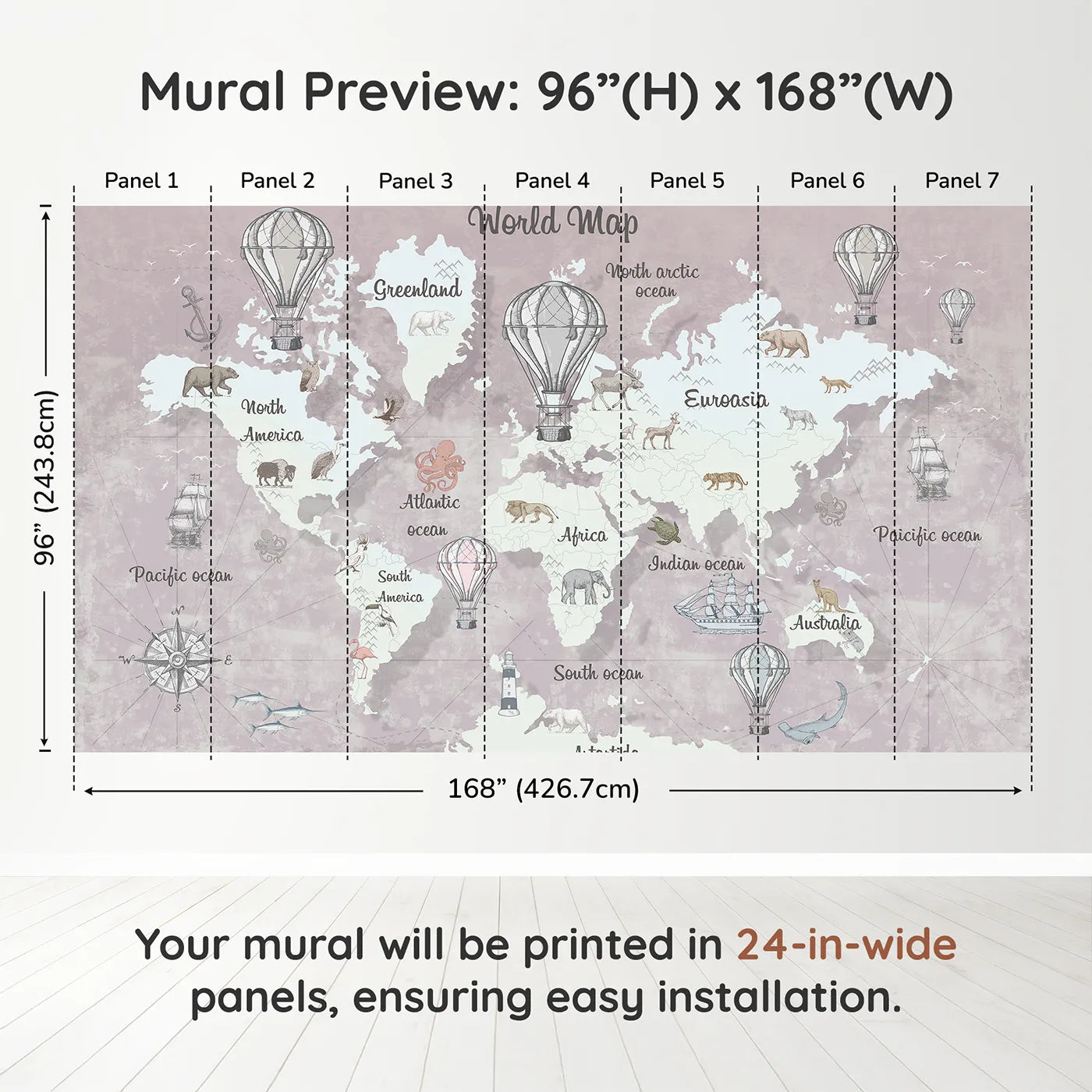 Whimsy Tots Vintage Explorer World Map Wall Mural in Pinkdimension view (96" H x 168" W). Printed in seven 24-inch-wide panels. Gender-Neutral