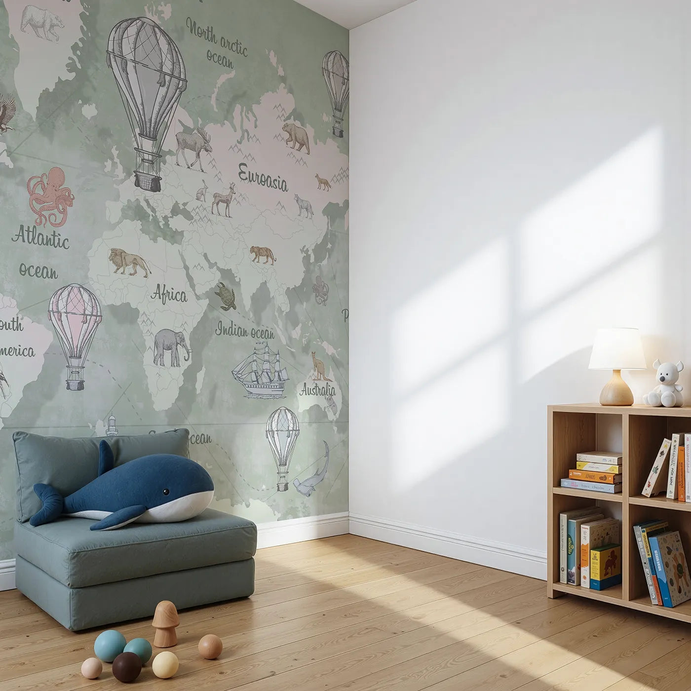 Angled view of Whimsy Tots' Vintage Explorer World Map Wall Mural in Green (Turn Their Room into a Classic, Old-World Adventure).Gender-Neutral