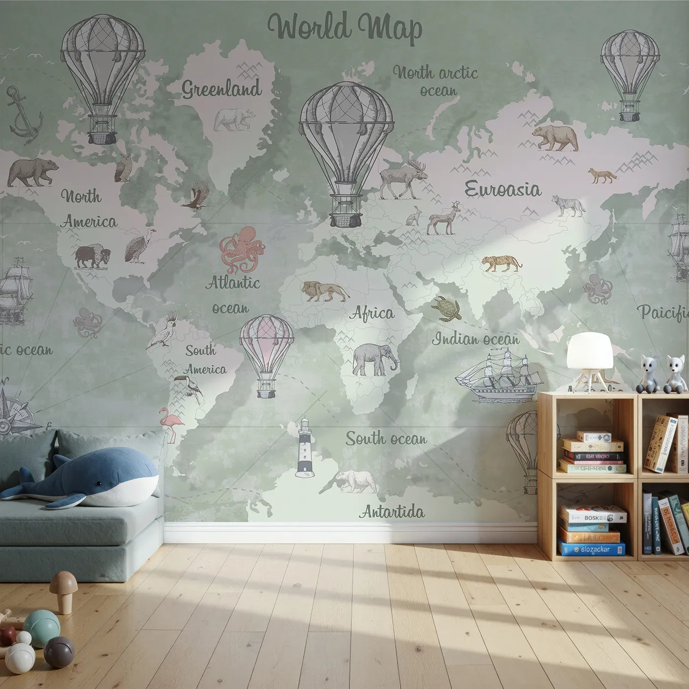 Front view of Whimsy Tots' Vintage Explorer World Map Wall Mural in Green