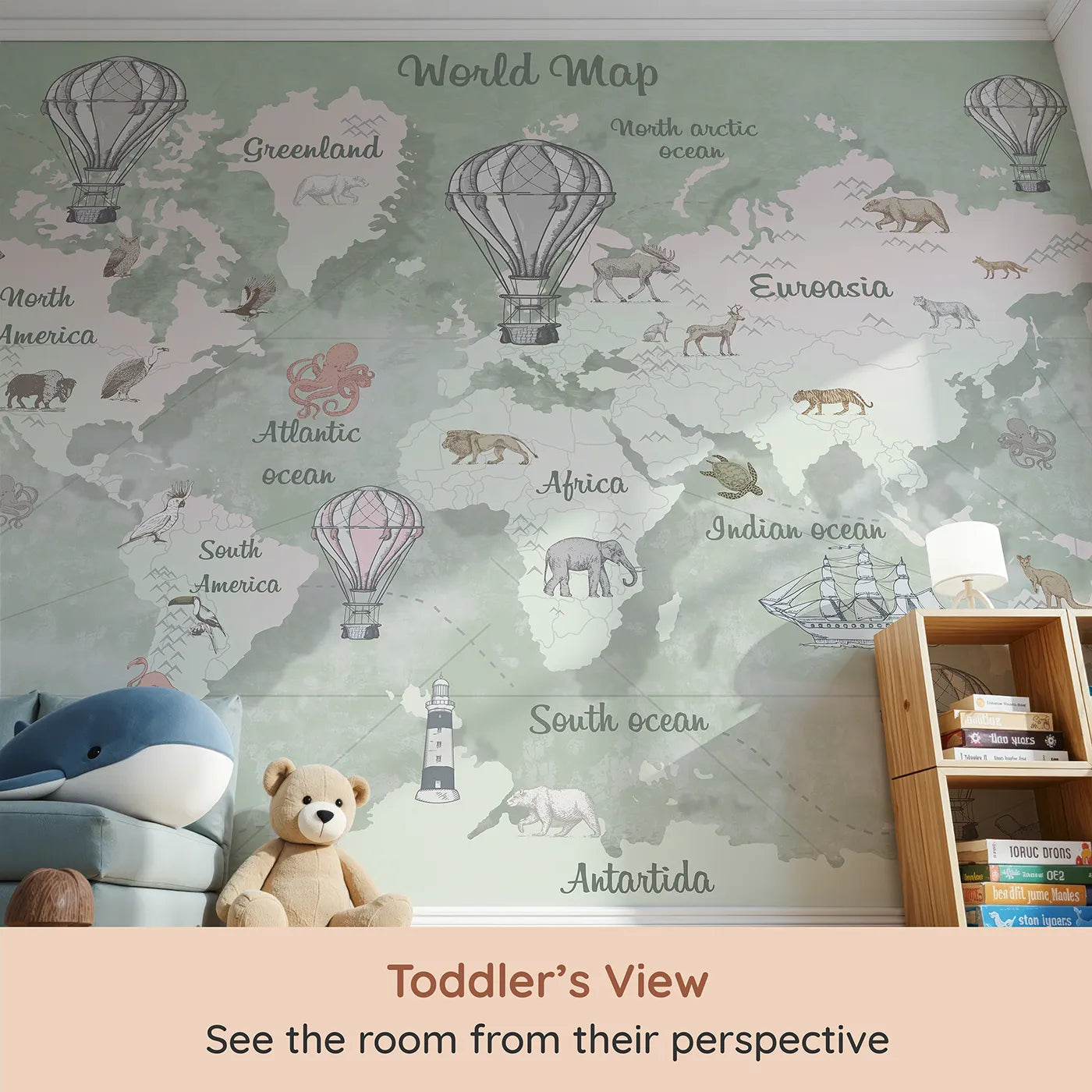 Whimsy Tots Vintage Explorer World Map Wall Mural in Green (Turn Their Room into a Classic, Old-World Adventure) from your child's view.Gender-Neutral