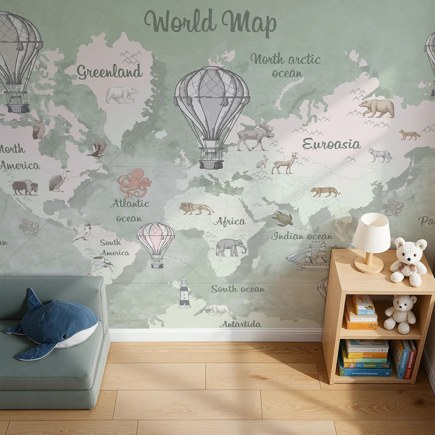 Top-down view of Whimsy Tots' Vintage Explorer World Map Wall Mural in Green (Turn Their Room into a Classic, Old-World Adventure).Gender-Neutral