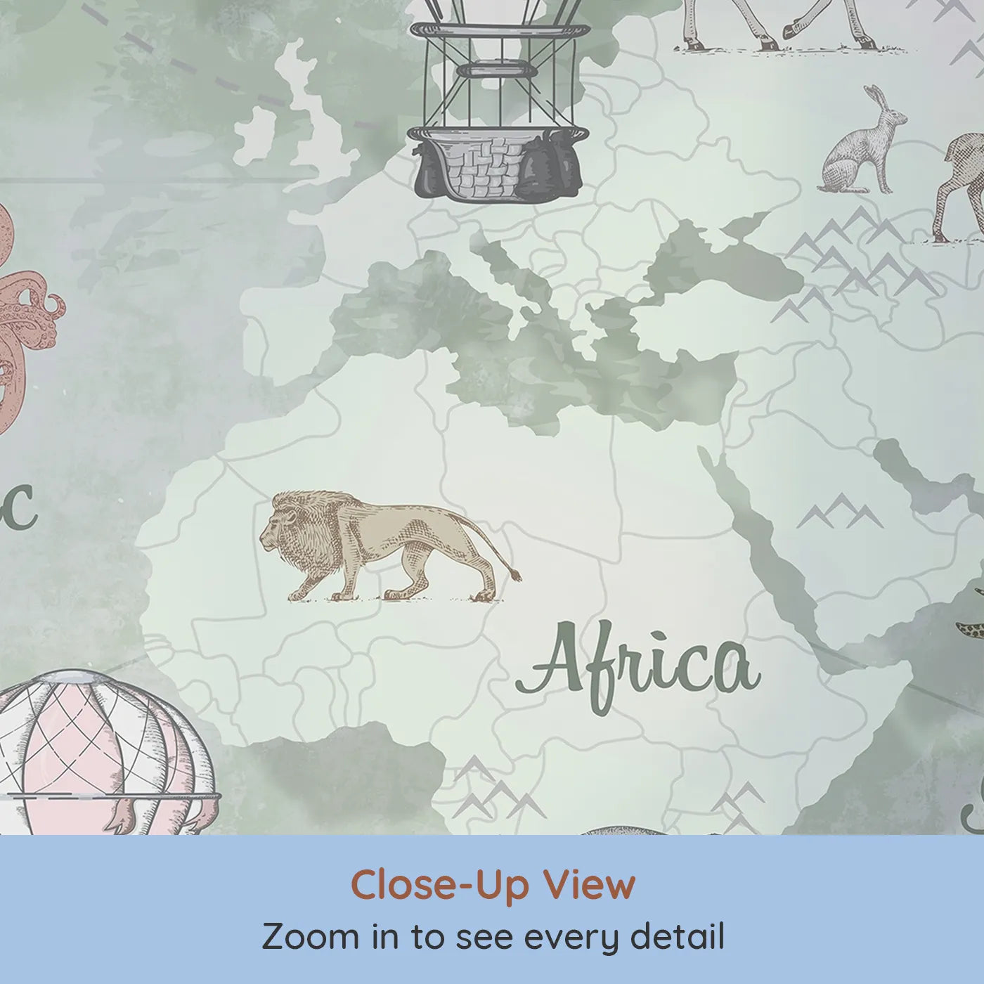 Close-up view of Whimsy Tots' Vintage Explorer World Map Wall Mural in Green (Turn Their Room into a Classic, Old-World Adventure).Gender-Neutral