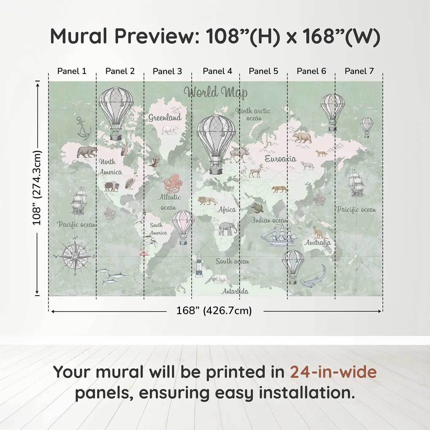 Whimsy Tots Vintage Explorer World Map Wall Mural in Greendimension view (108" H x 168" W). Printed in seven 24-inch-wide panels. Gender-Neutral