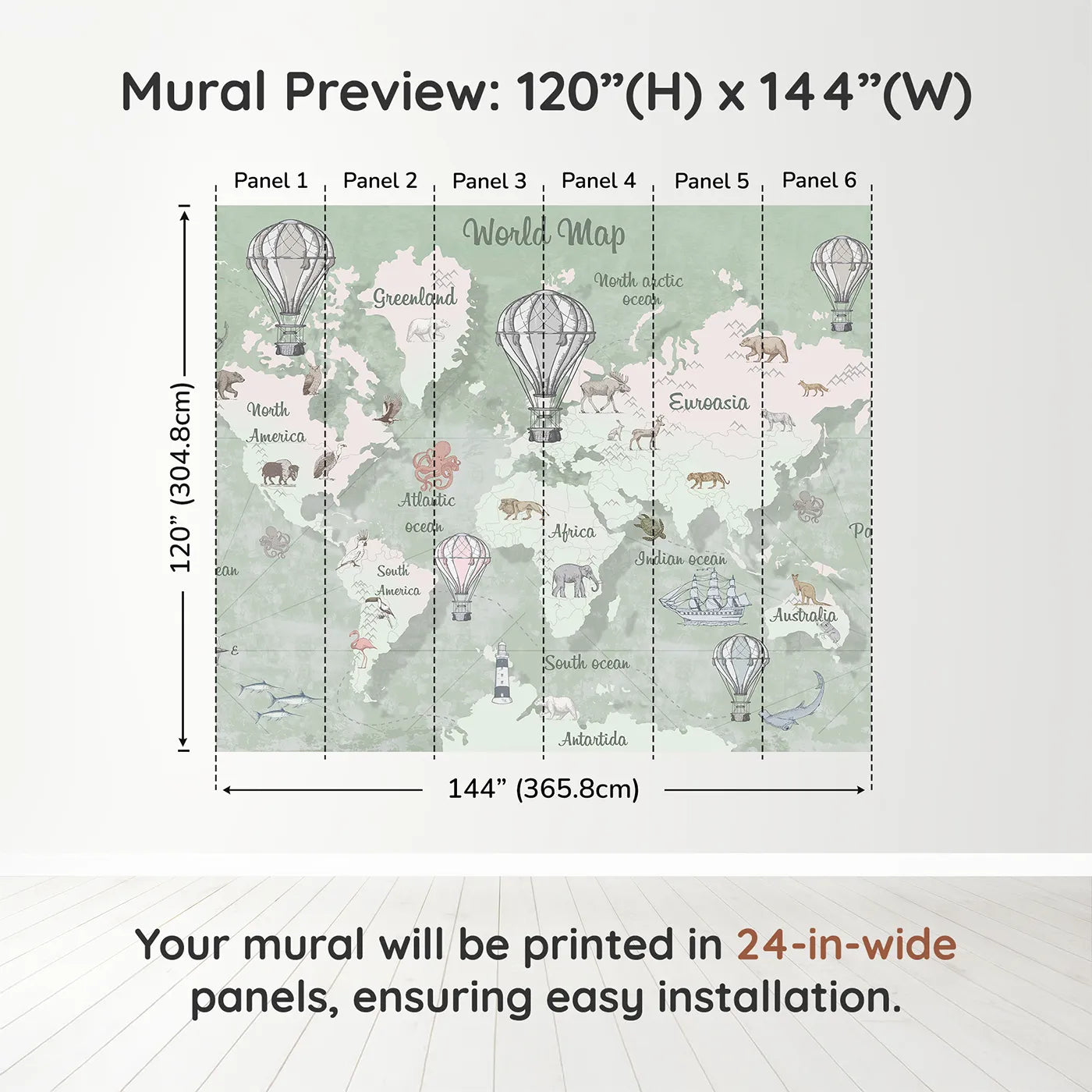 Whimsy Tots Vintage Explorer World Map Wall Mural in Greendimension view (120" H x 144" W). Printed in six 24-inch-wide panels. Gender-Neutral