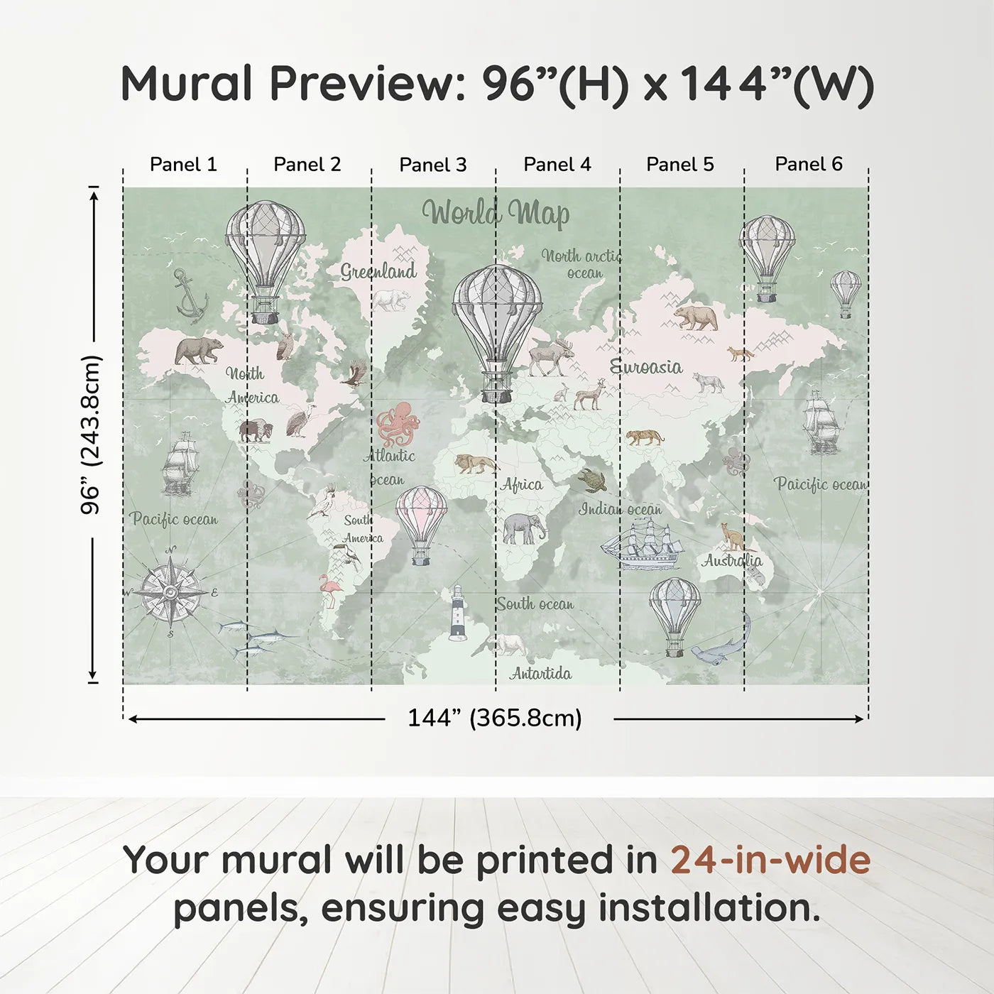 Whimsy Tots Vintage Explorer World Map Wall Mural in Greendimension view (96" H x 144" W). Printed in six 24-inch-wide panels. Gender-Neutral