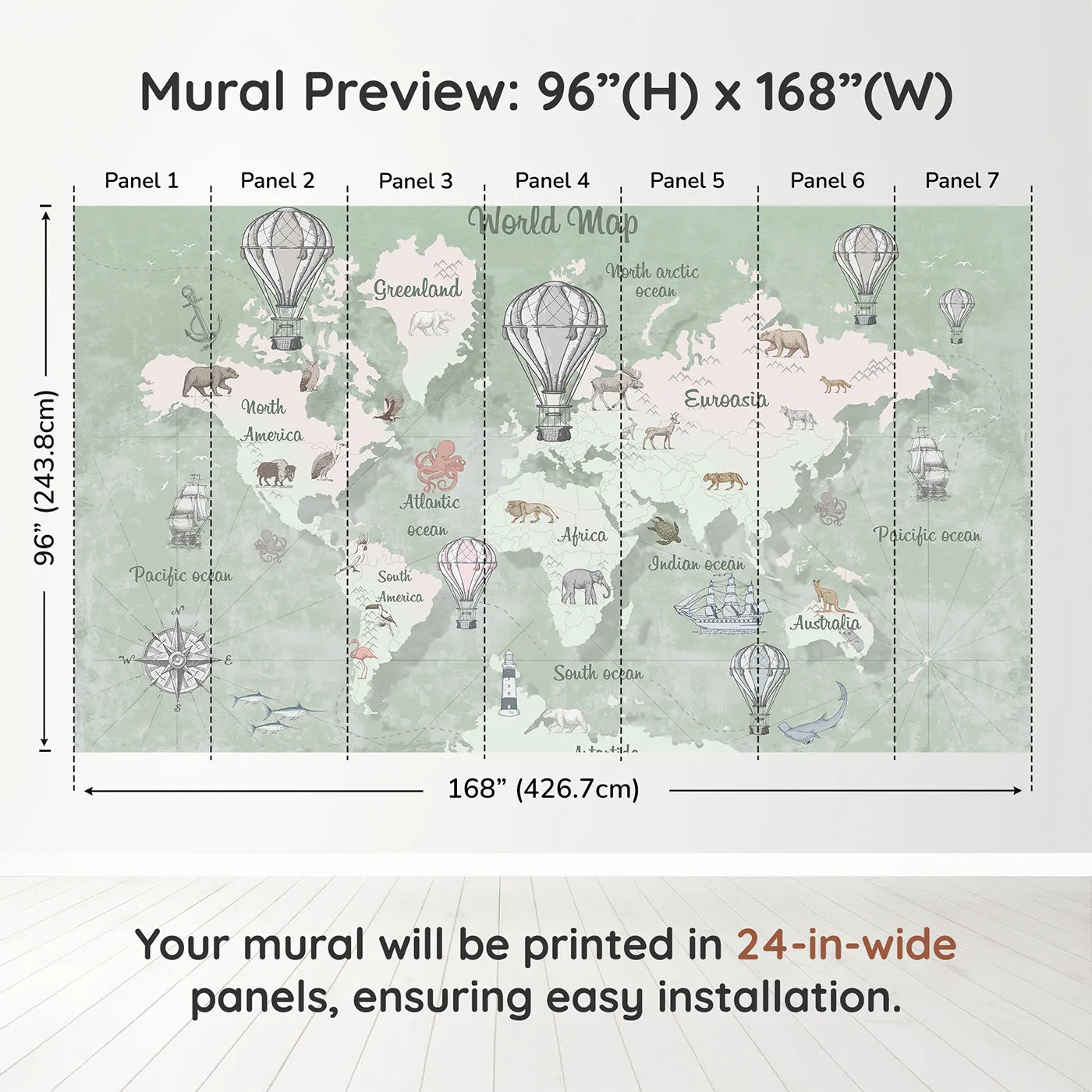Whimsy Tots Vintage Explorer World Map Wall Mural in Greendimension view (96" H x 168" W). Printed in seven 24-inch-wide panels. Gender-Neutral