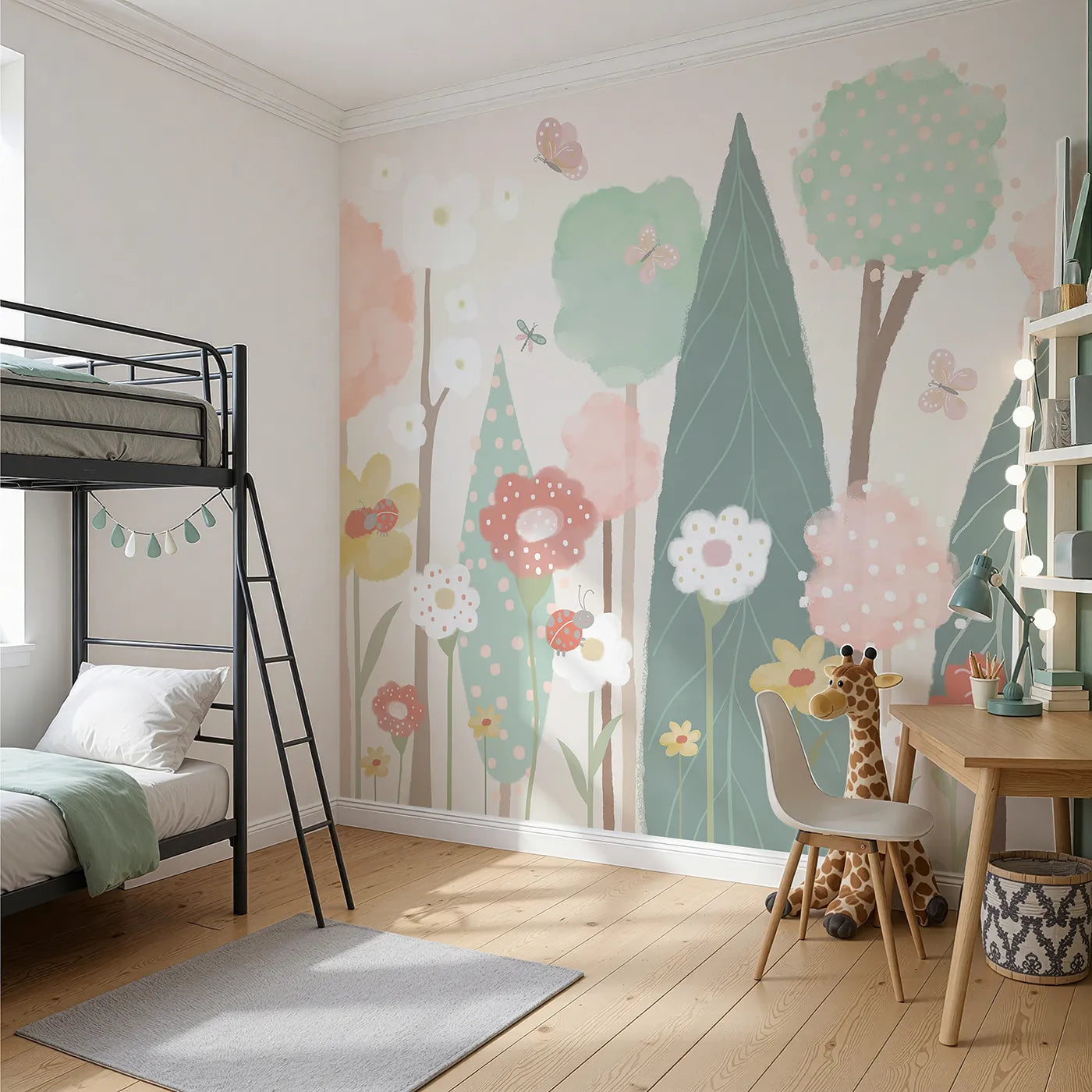 Angled view of Whimsy Tots' Pastel Flower Garden Wall Mural (Turn Their Room into a Whimsical, Painted Meadow).Gender-Neutral