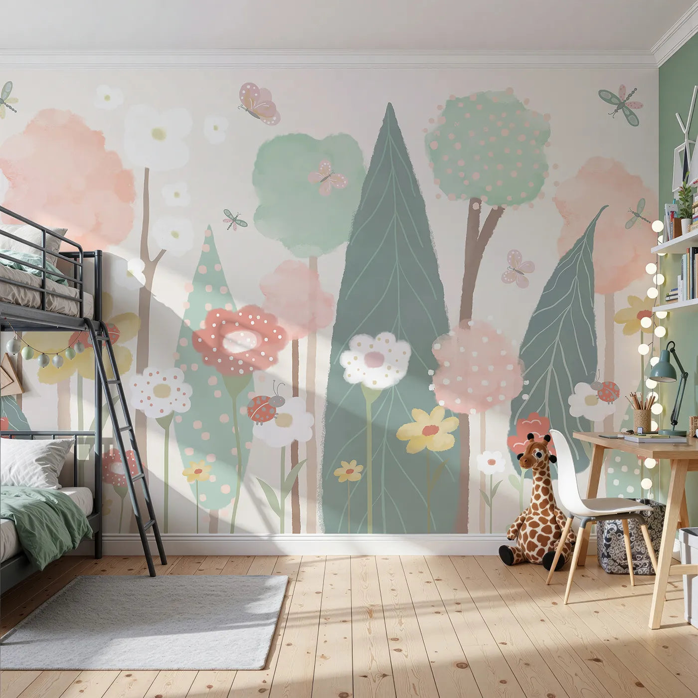 Front view of Whimsy Tots' Pastel Flower Garden Wall Mural
