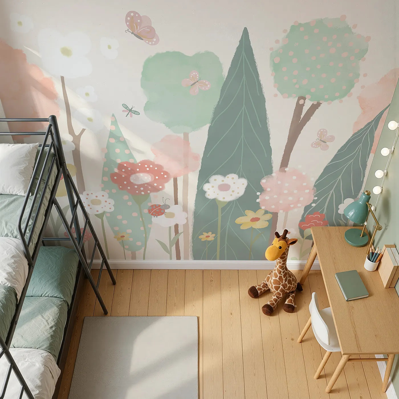 Top-down view of Whimsy Tots' Pastel Flower Garden Wall Mural (Turn Their Room into a Whimsical, Painted Meadow).Gender-Neutral