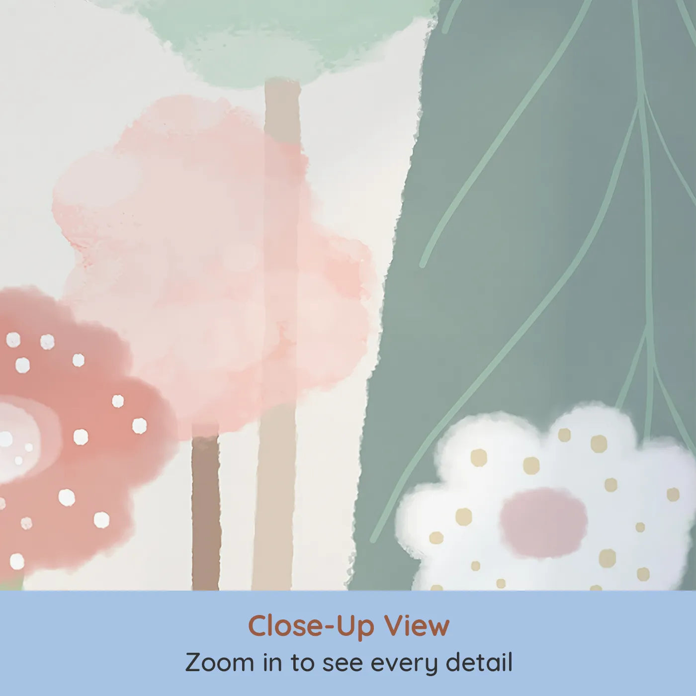 Close-up view of Whimsy Tots' Pastel Flower Garden Wall Mural (Turn Their Room into a Whimsical, Painted Meadow).Gender-Neutral
