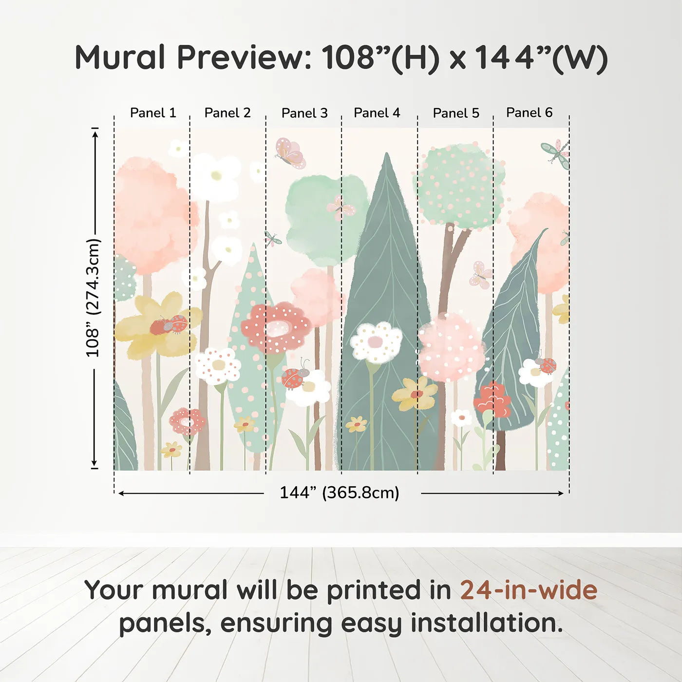 Whimsy Tots Pastel Flower Garden Wall Muraldimension view (108" H x 144" W). Printed in six 24-inch-wide panels. Gender-Neutral