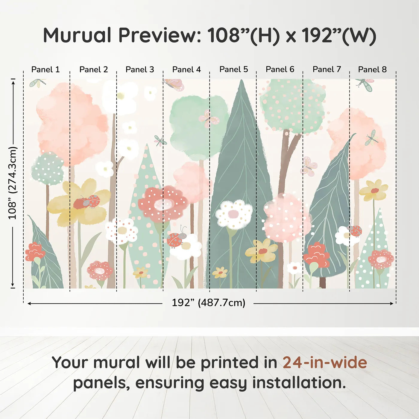 Whimsy Tots Pastel Flower Garden Wall Muraldimension view (108" H x 192" W). Printed in eight 24-inch-wide panels. Gender-Neutral