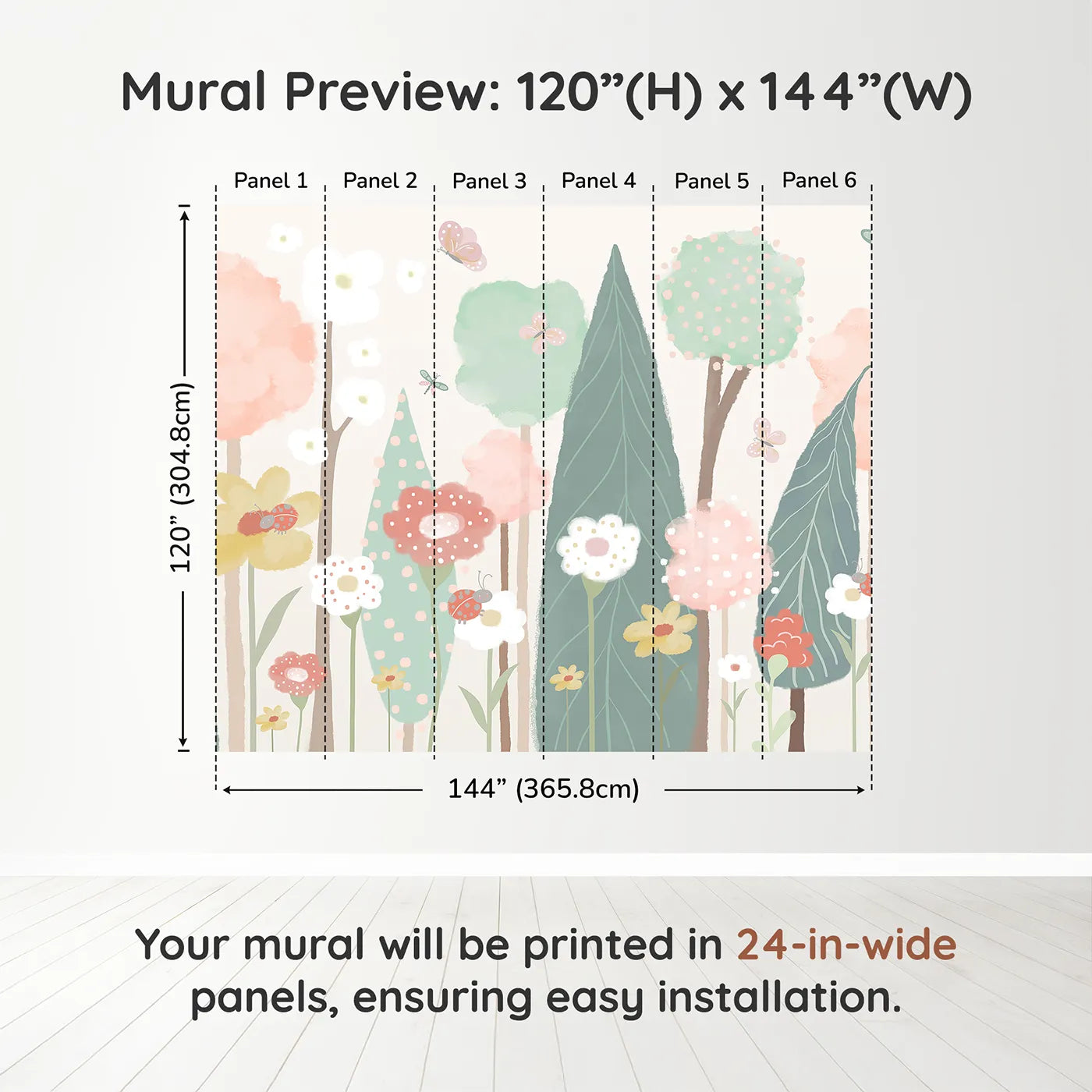 Whimsy Tots Pastel Flower Garden Wall Muraldimension view (120" H x 144" W). Printed in six 24-inch-wide panels. Gender-Neutral