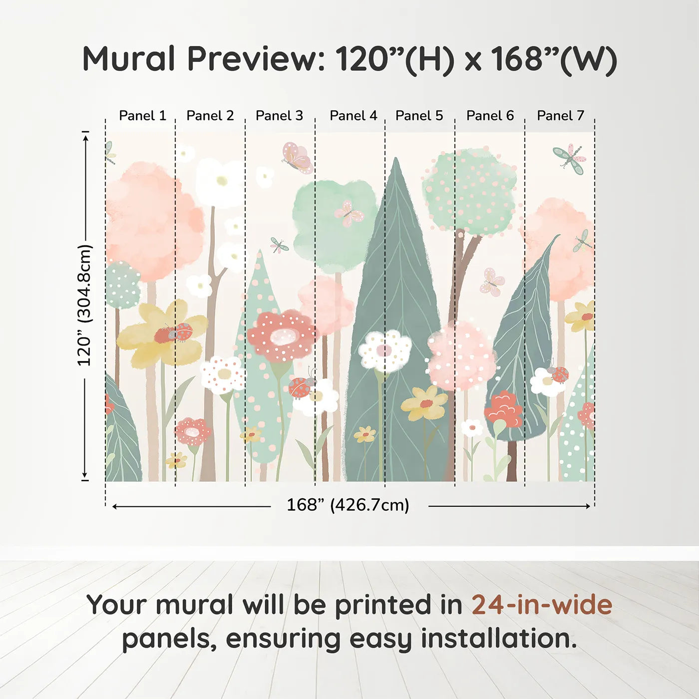Whimsy Tots Pastel Flower Garden Wall Muraldimension view (120" H x 168" W). Printed in seven 24-inch-wide panels. Gender-Neutral