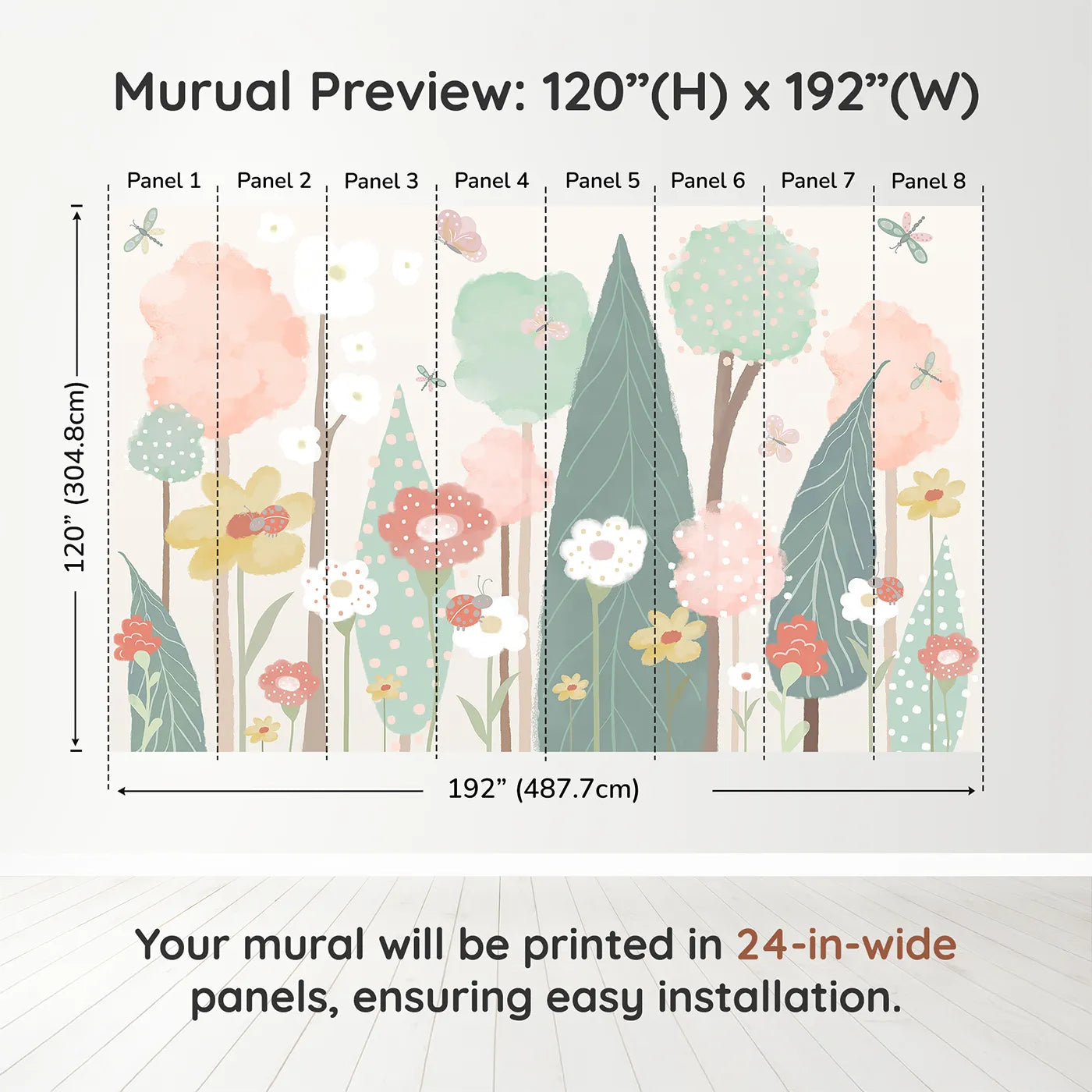 Whimsy Tots Pastel Flower Garden Wall Muraldimension view (120" H x 192" W). Printed in eight 24-inch-wide panels. Gender-Neutral