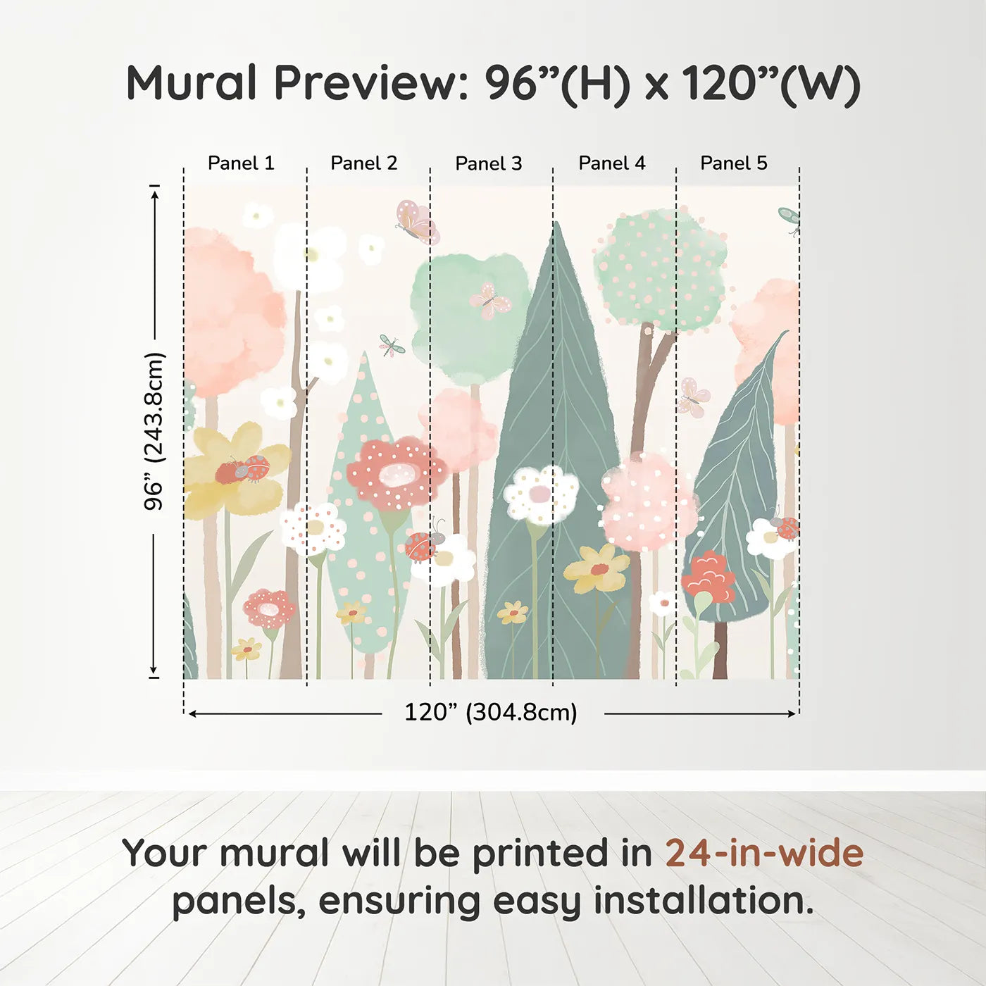 Whimsy Tots Pastel Flower Garden Wall Muraldimension view (96" H x 120" W). Printed in five 24-inch-wide panels. Gender-Neutral