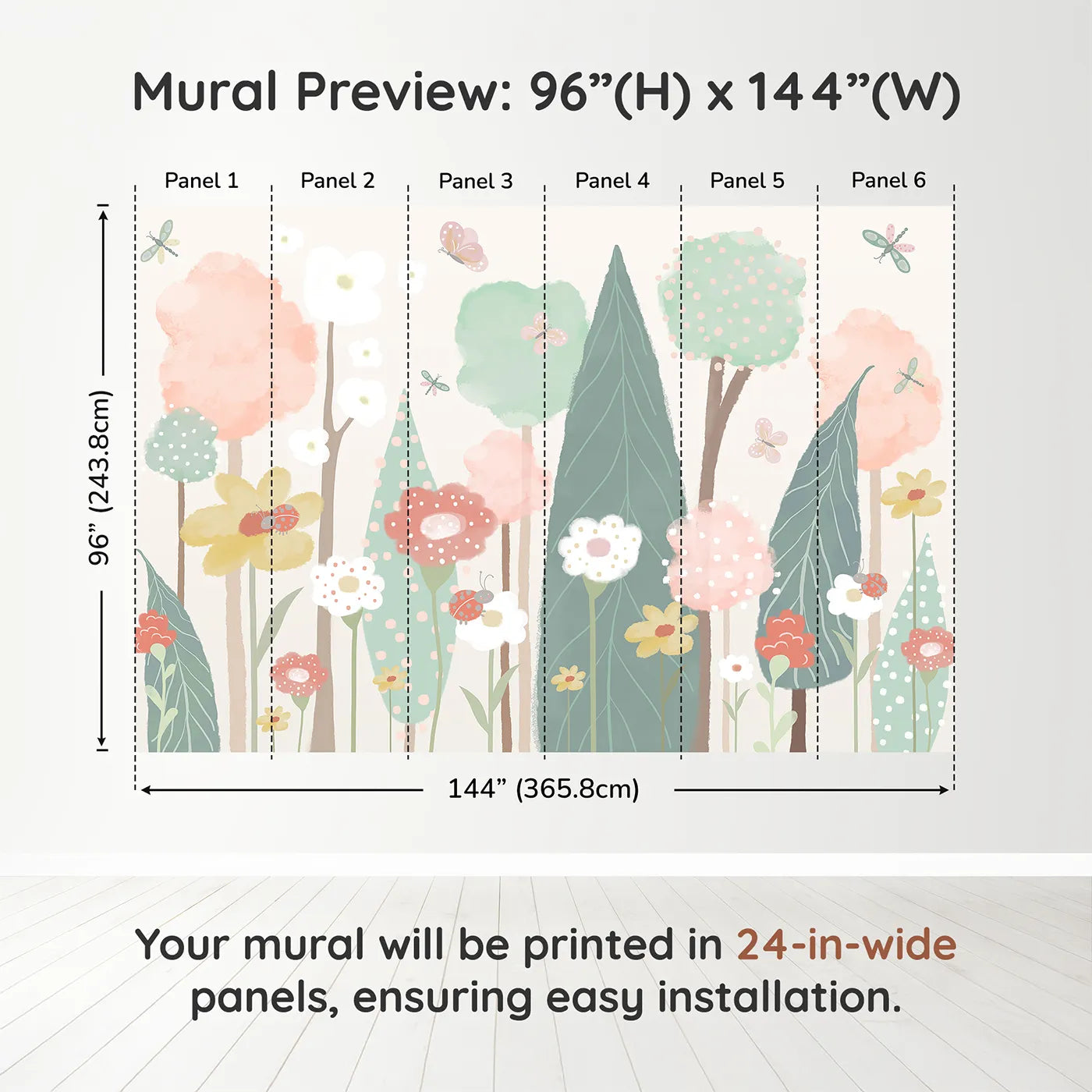 Whimsy Tots Pastel Flower Garden Wall Muraldimension view (96" H x 144" W). Printed in six 24-inch-wide panels. Gender-Neutral