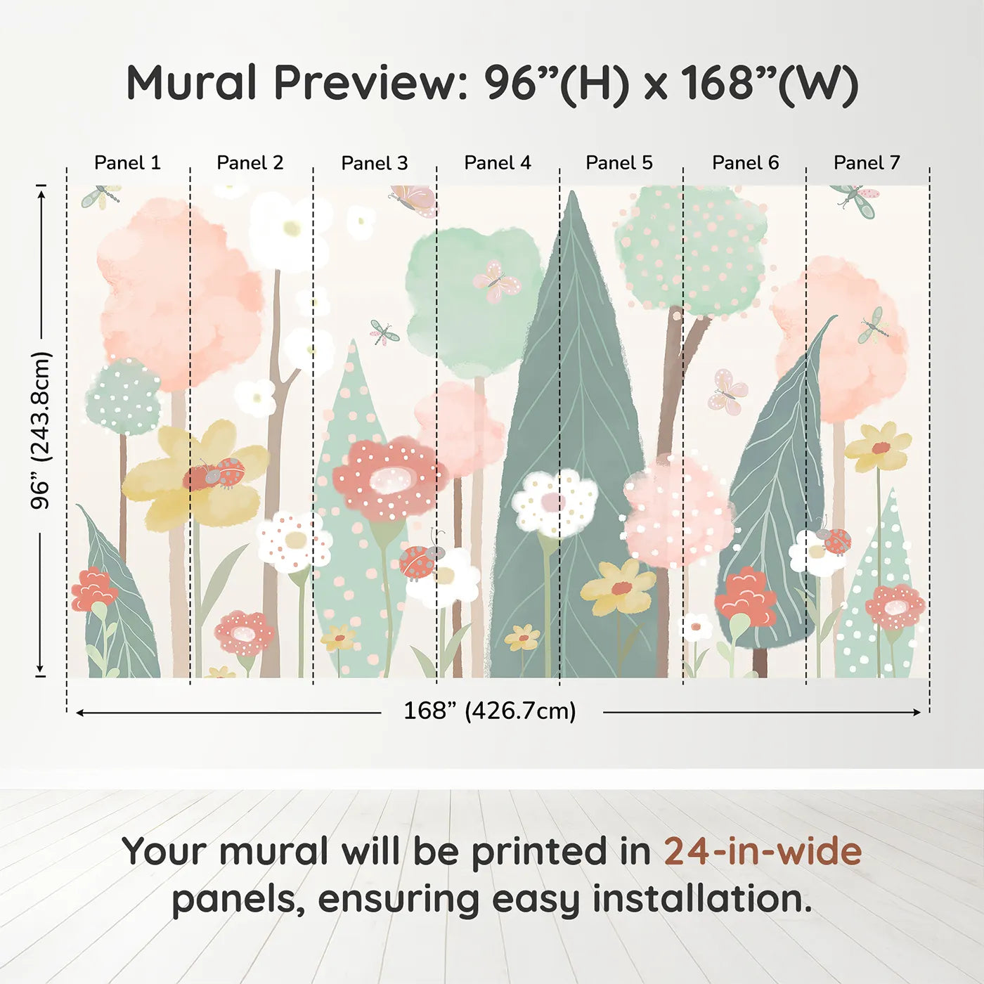 Whimsy Tots Pastel Flower Garden Wall Muraldimension view (96" H x 168" W). Printed in seven 24-inch-wide panels. Gender-Neutral