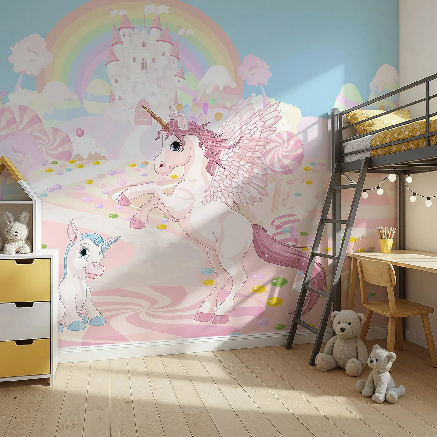 Angled view of Whimsy Tots' Unicorn Candy Land Wall Mural (Turn Their Room into the Sweetest, Most Magical Fairytale).Best for Girls