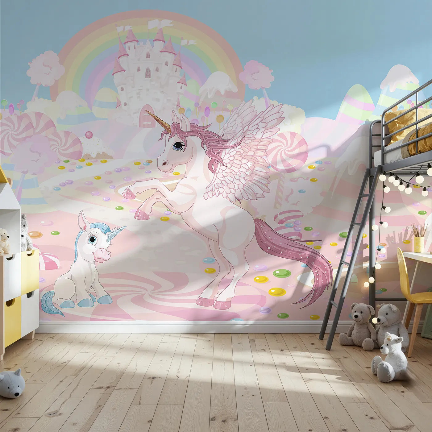 Front view of Whimsy Tots' Unicorn Candy Land Wall Mural