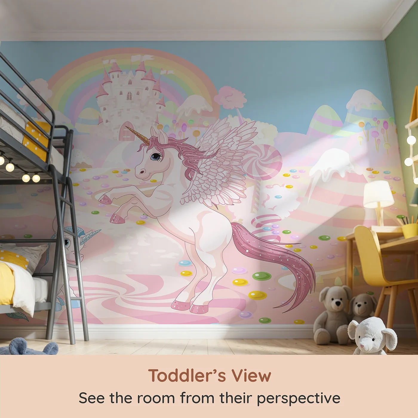 Whimsy Tots Unicorn Candy Land Wall Mural (Turn Their Room into the Sweetest, Most Magical Fairytale) from your child's view.Best for Girls
