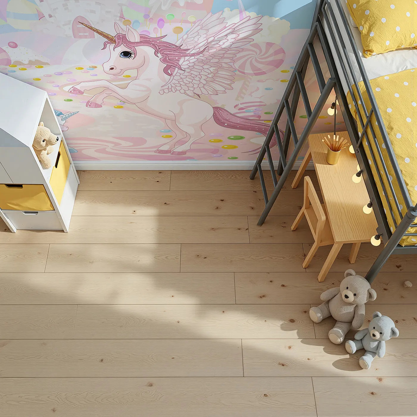 Top-down view of Whimsy Tots' Unicorn Candy Land Wall Mural (Turn Their Room into the Sweetest, Most Magical Fairytale).Best for Girls