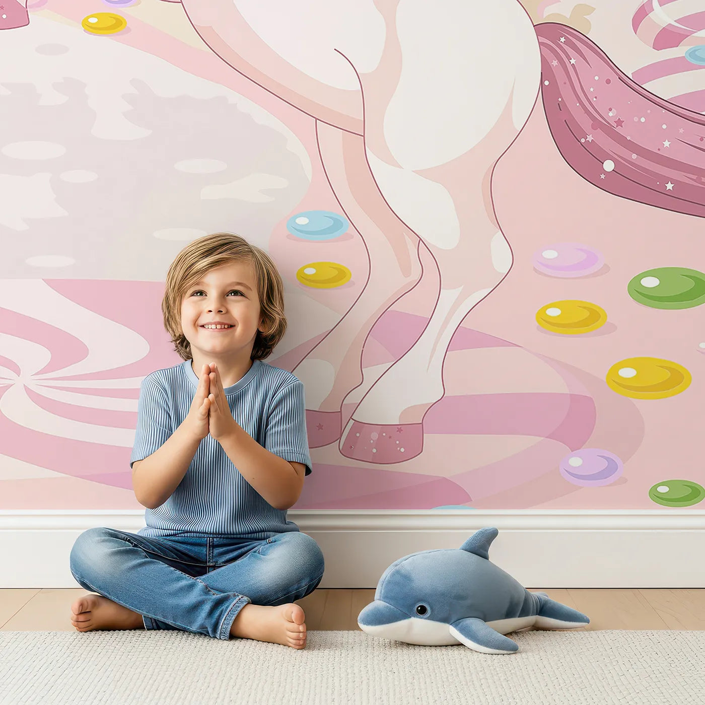 Child in front of Whimsy Tots Unicorn Candy Land Wall Mural with unicorn, candy, castle, rainbow, fantasy, magical, pink, sweet in design.