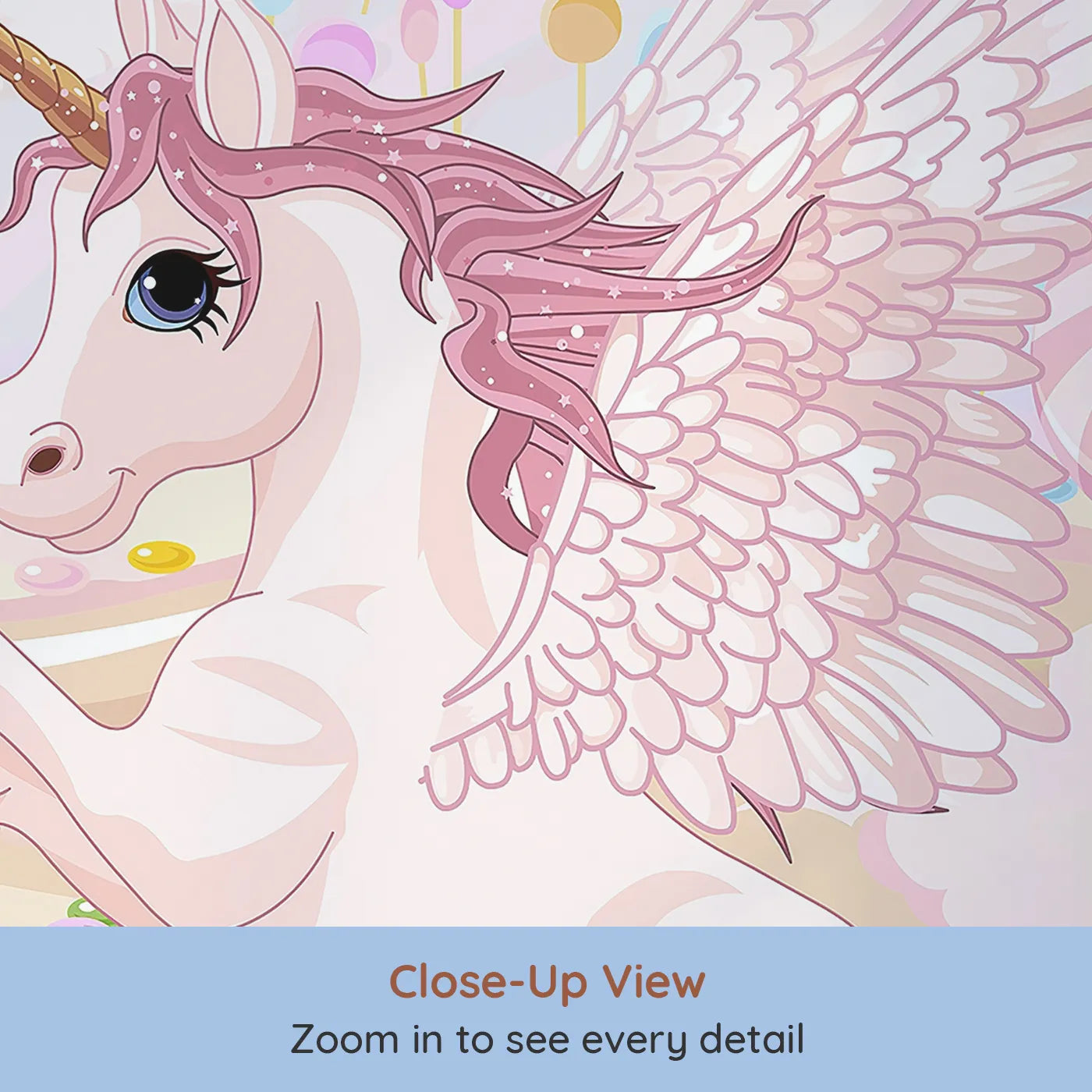 Close-up view of Whimsy Tots' Unicorn Candy Land Wall Mural (Turn Their Room into the Sweetest, Most Magical Fairytale).Best for Girls
