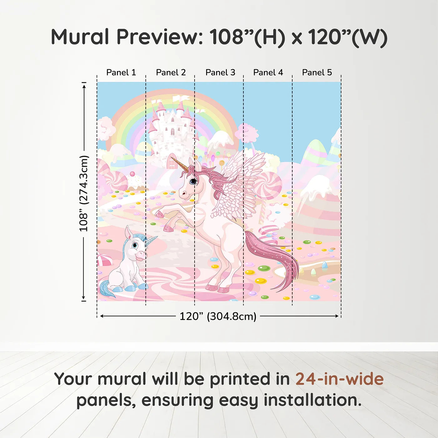 Whimsy Tots Unicorn Candy Land Wall Muraldimension view (108" H x 120" W). Printed in five 24-inch-wide panels. Best for Girls