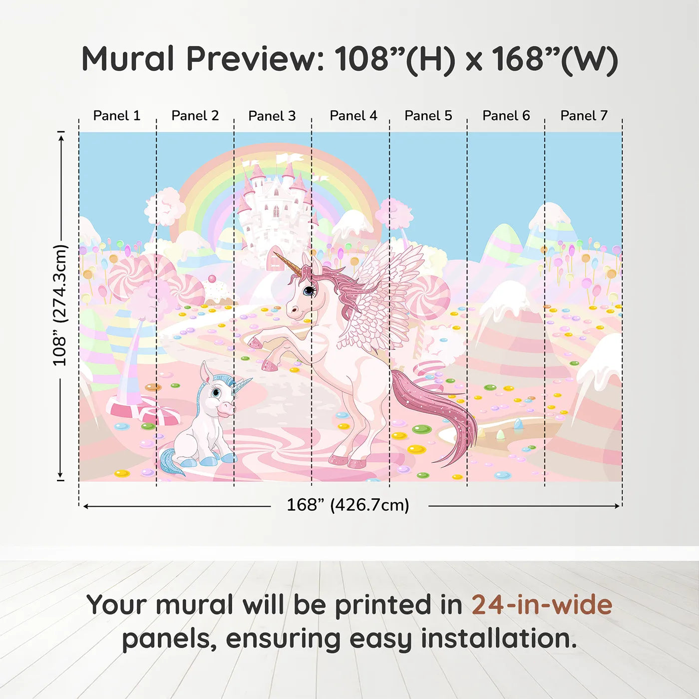 Whimsy Tots Unicorn Candy Land Wall Muraldimension view (108" H x 168" W). Printed in seven 24-inch-wide panels. Best for Girls