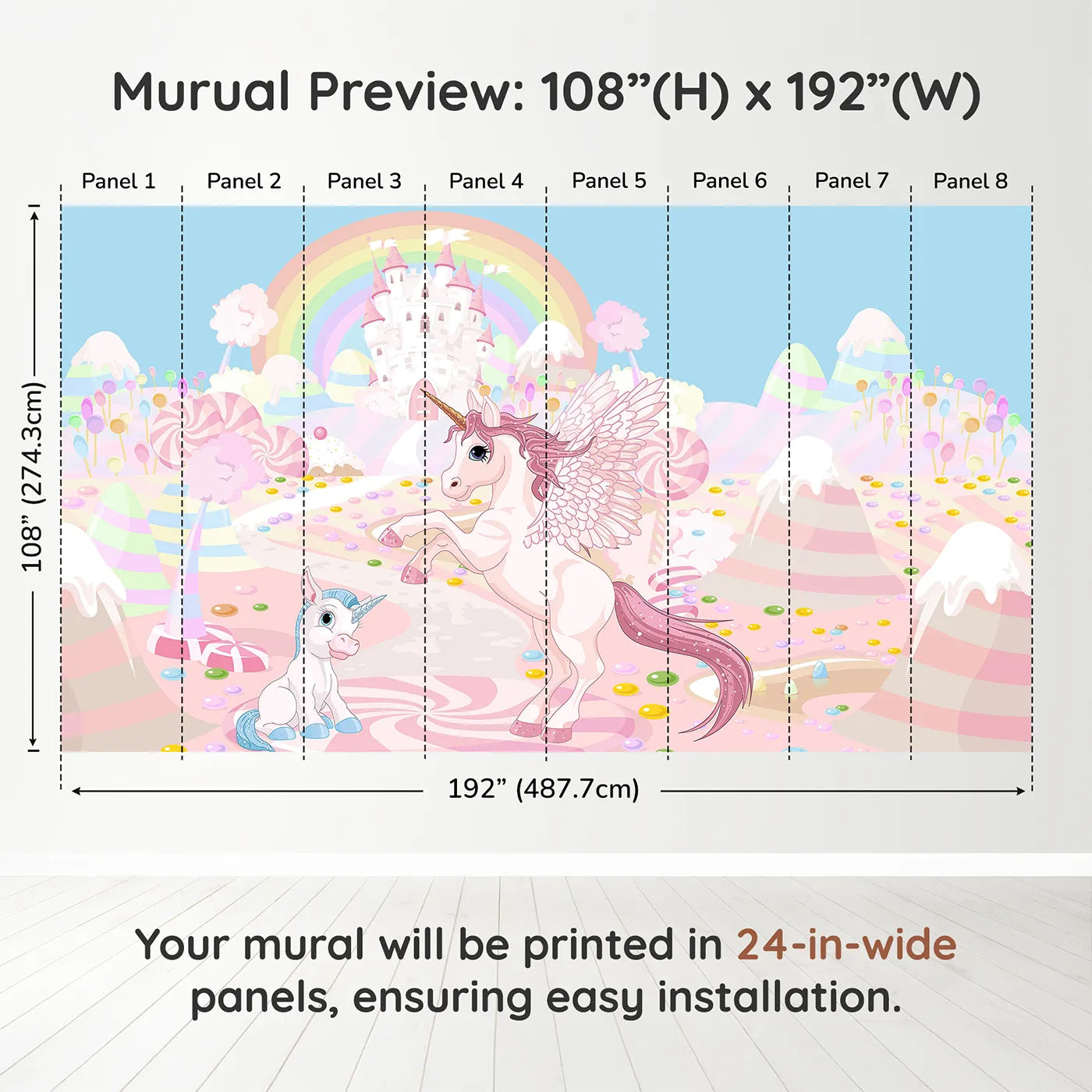 Whimsy Tots Unicorn Candy Land Wall Muraldimension view (108" H x 192" W). Printed in eight 24-inch-wide panels. Best for Girls