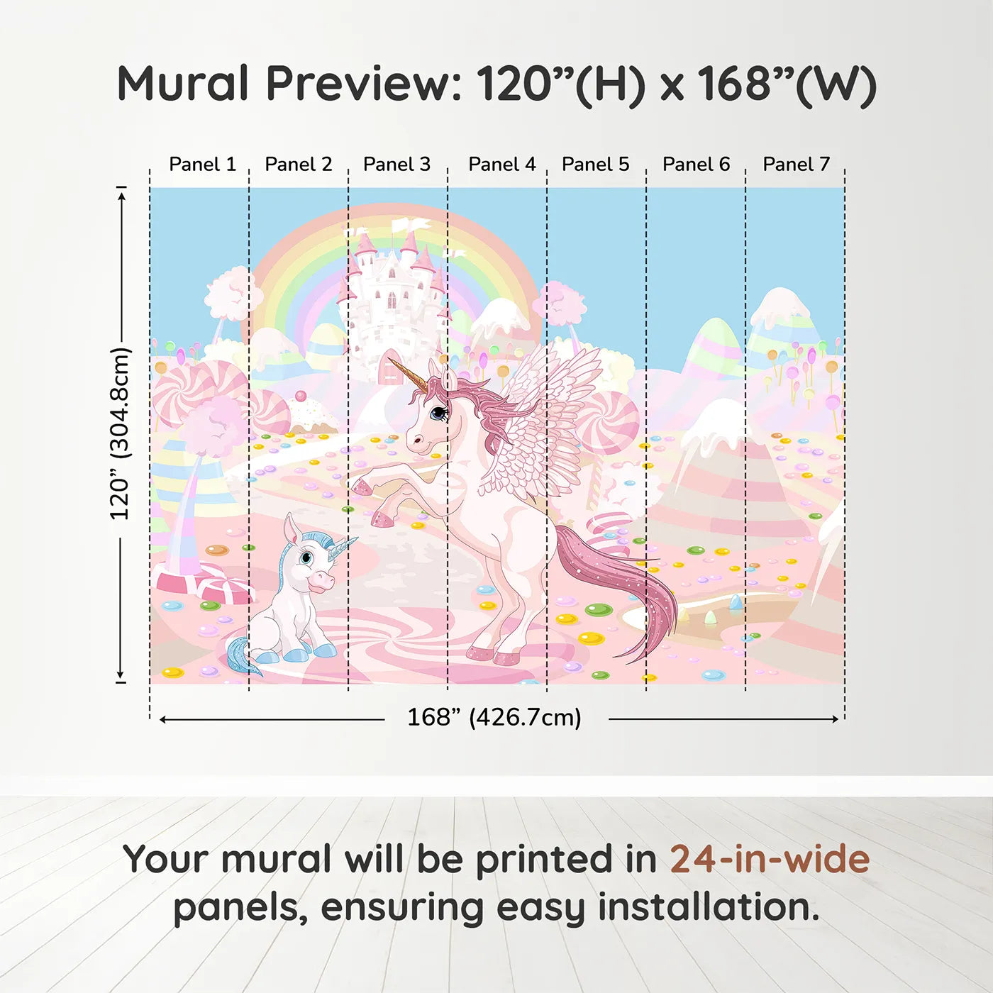 Whimsy Tots Unicorn Candy Land Wall Muraldimension view (120" H x 168" W). Printed in seven 24-inch-wide panels. Best for Girls