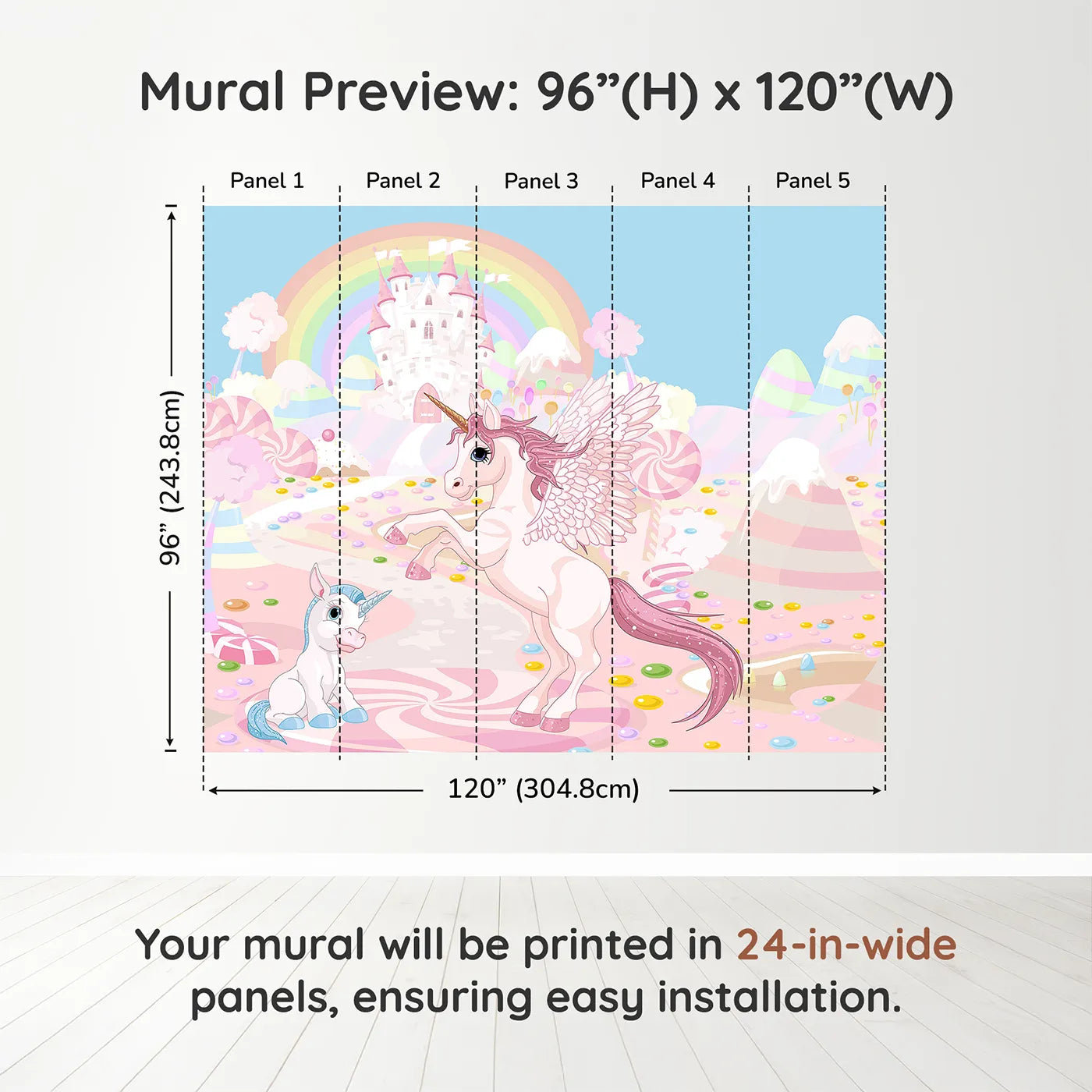 Whimsy Tots Unicorn Candy Land Wall Muraldimension view (96" H x 120" W). Printed in five 24-inch-wide panels. Best for Girls