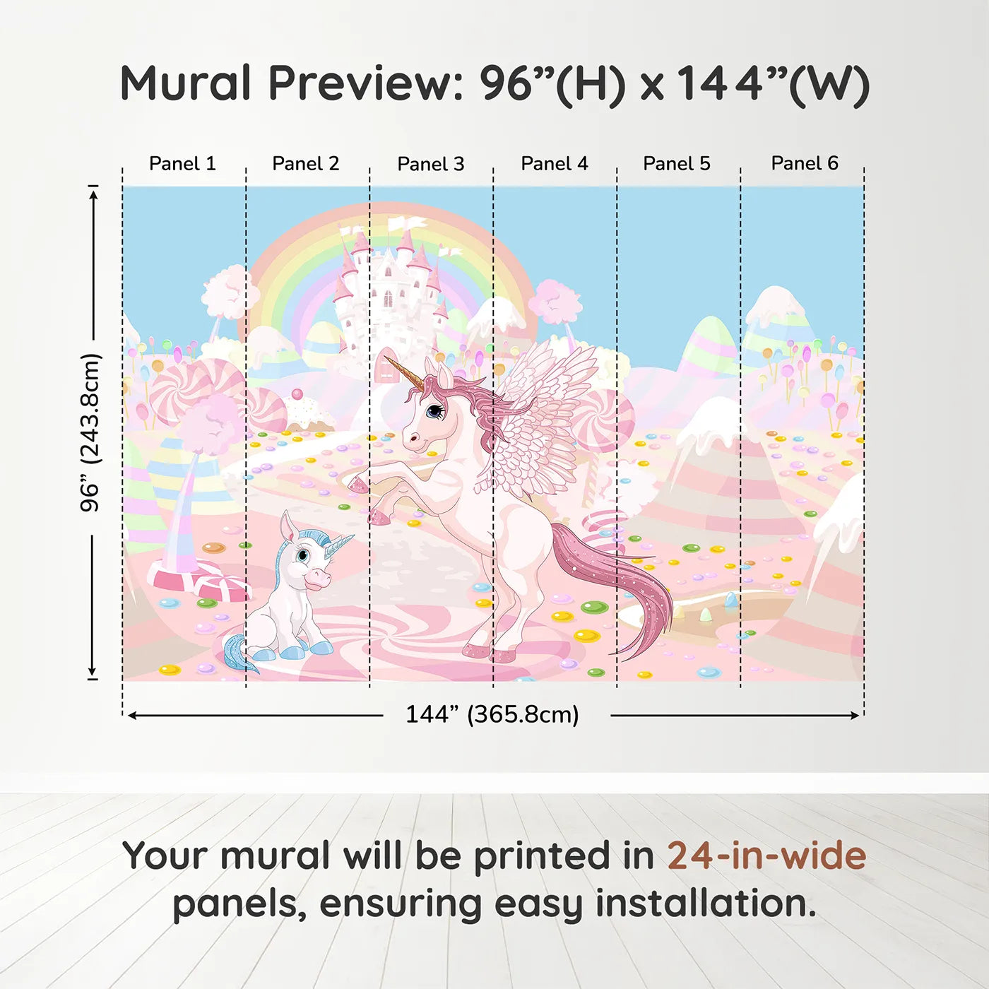 Whimsy Tots Unicorn Candy Land Wall Muraldimension view (96" H x 144" W). Printed in six 24-inch-wide panels. Best for Girls