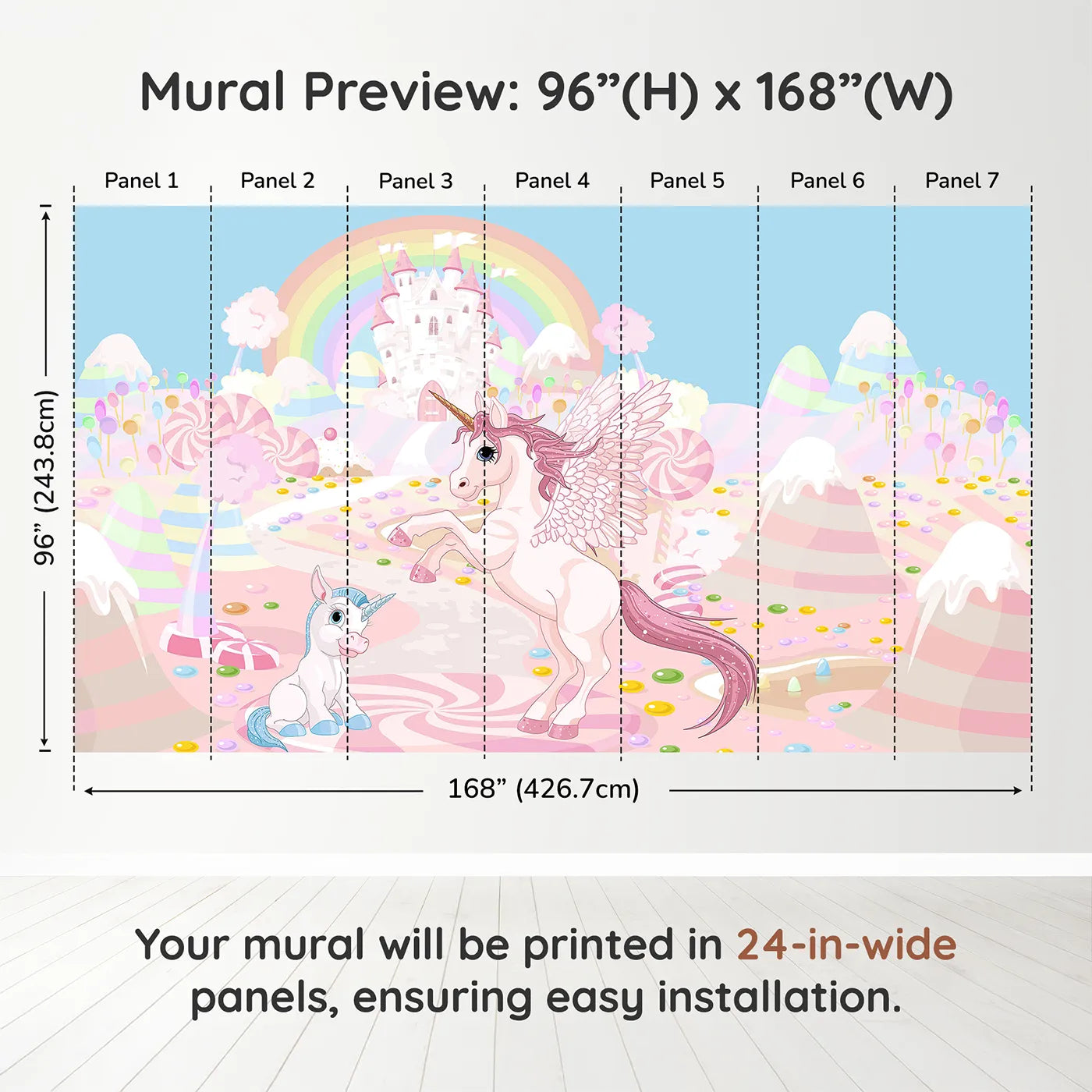 Whimsy Tots Unicorn Candy Land Wall Muraldimension view (96" H x 168" W). Printed in seven 24-inch-wide panels. Best for Girls