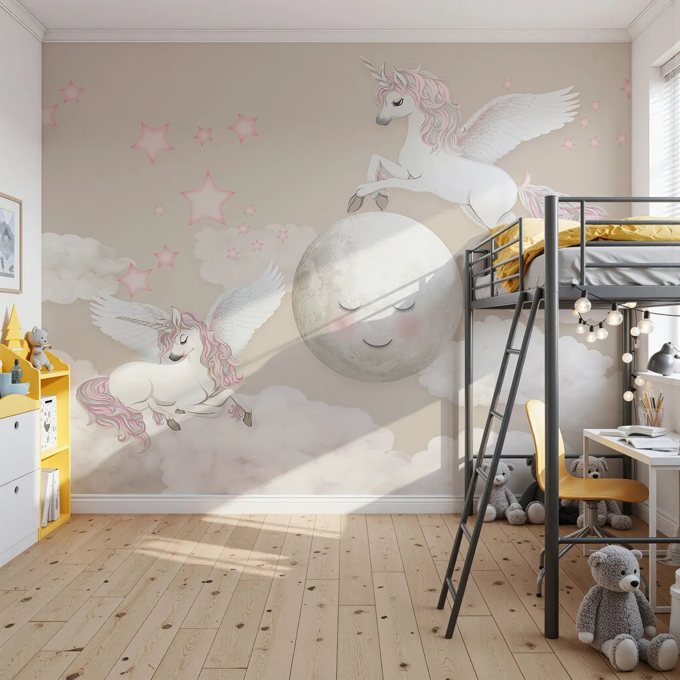 Front view of Whimsy Tots' Pegasus Moon Dance Wall Mural
