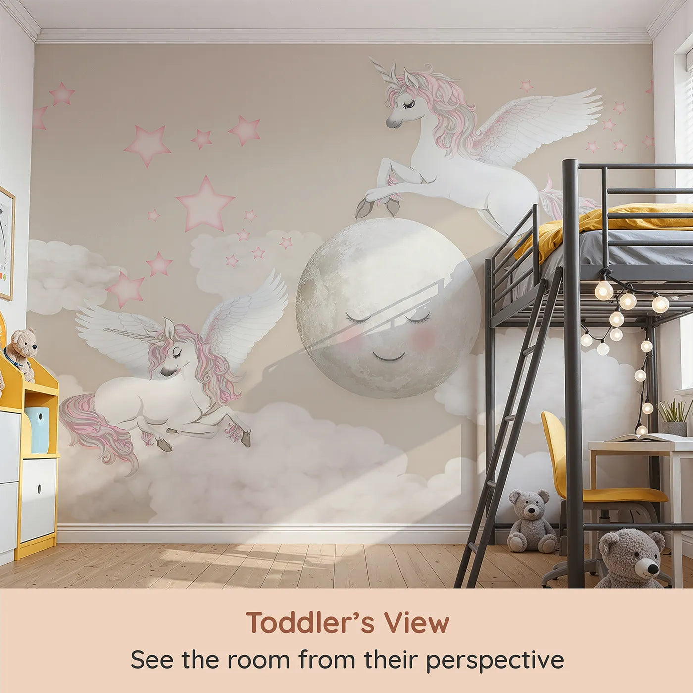 Whimsy Tots Pegasus Moon Dance Wall Mural (Turn Their Room into a Magical, Starry Night Flight) from your child's view.Best for Girls
