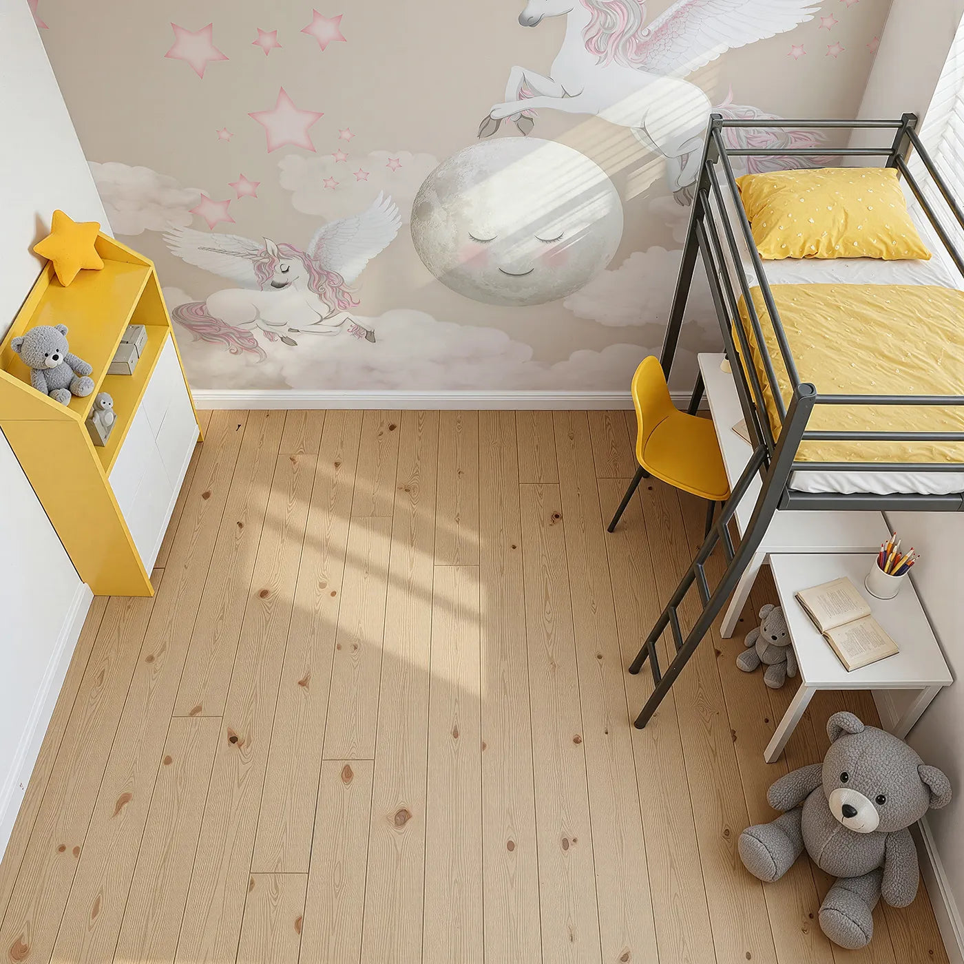 Top-down view of Whimsy Tots' Pegasus Moon Dance Wall Mural (Turn Their Room into a Magical, Starry Night Flight).Best for Girls