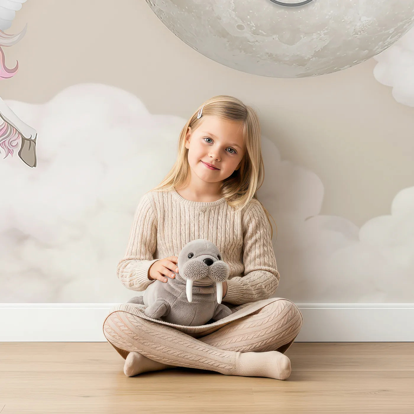 Child in front of Whimsy Tots Pegasus Moon Dance Wall Mural with unicorn, pegasus, moon, star, cloud, pink, cute, fantasy in design.