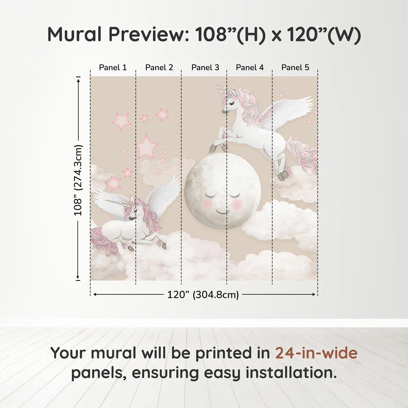 Whimsy Tots Pegasus Moon Dance Wall Muraldimension view (108" H x 120" W). Printed in five 24-inch-wide panels. Best for Girls
